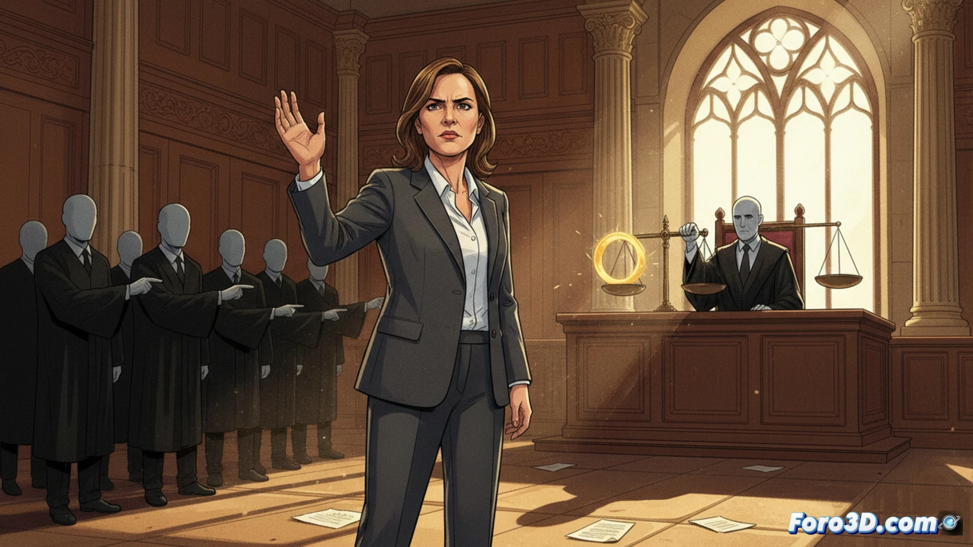 courtroom procedural scene, judge's gavel striking wooden block with papers flying upward, legal documents showing marriage certificate and presidential decree being separated by a scale of justice, technical illustration style, law books stacked on desk, computer monitor displaying case file with redacted lines, dramatic overhead lighting casting long shadows, photorealistic legal visualization, ink splatter effect from stamp hitting document, motion blur on falling paper sheets, metallic scales reflecting light, ultra-detailed wood grain texture on bench