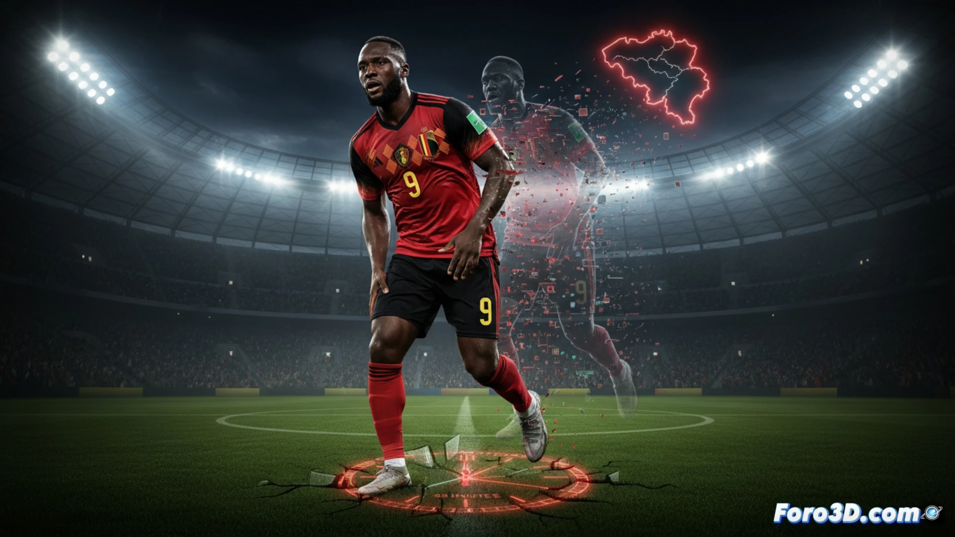 Belgian national team training complex, Romelu Lukaku standing isolated on empty pitch while teammates train in background, his right leg wrapped in medical tape and ice pack strapped to hamstring, digital fitness tracking watch on wrist displaying zero match minutes, tactical tablet showing Napoli medical reports with red injury timeline markers, cinematic sports documentary style, cold overcast daylight, sharp focus on Lukaku s tense expression and unused training gear, photorealistic technical visualization