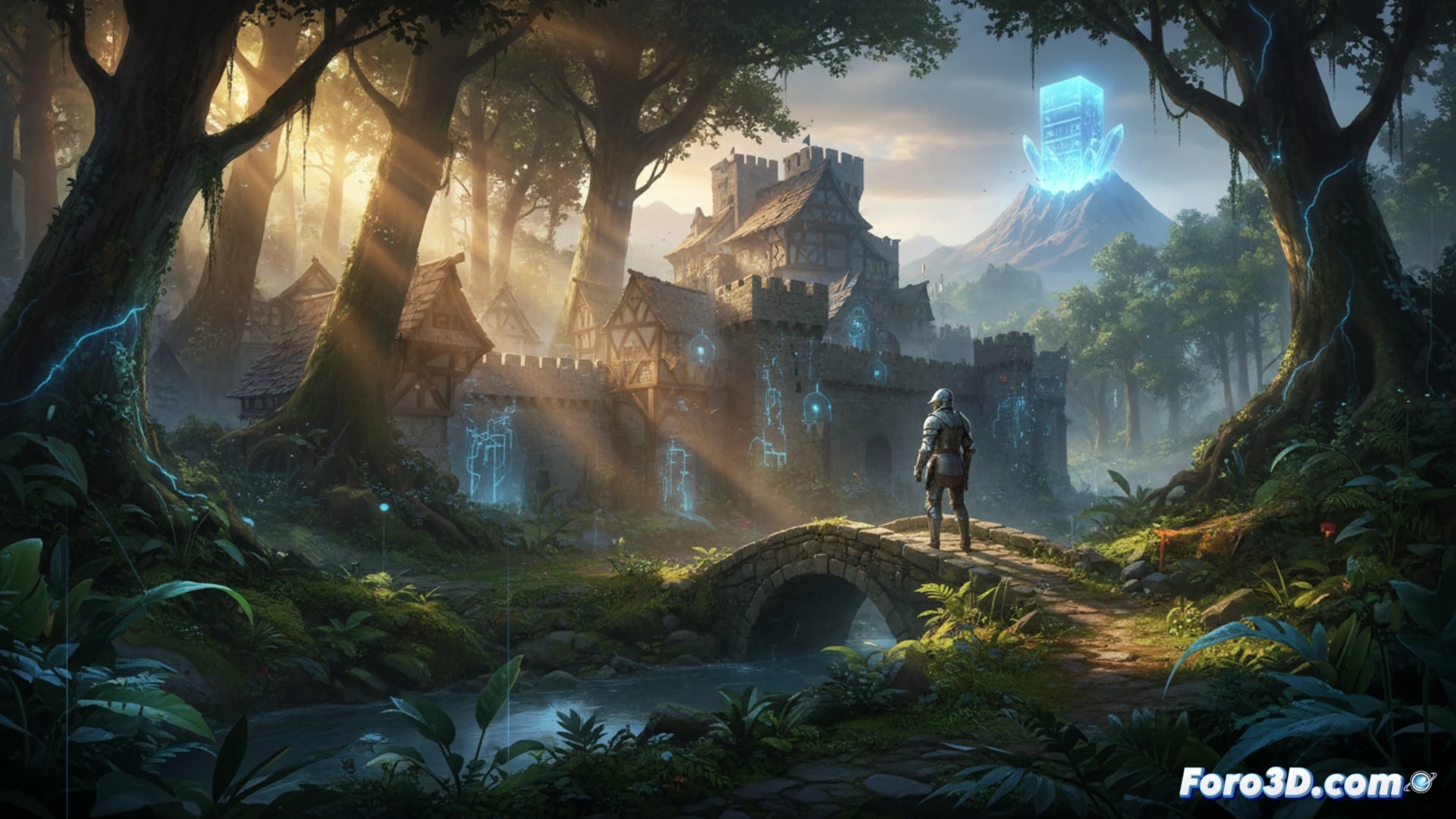 Captura de Bellwright mostrando bosque medieval con iluminación dinámica Lumen y follaje interactivo en Unreal Engine 5