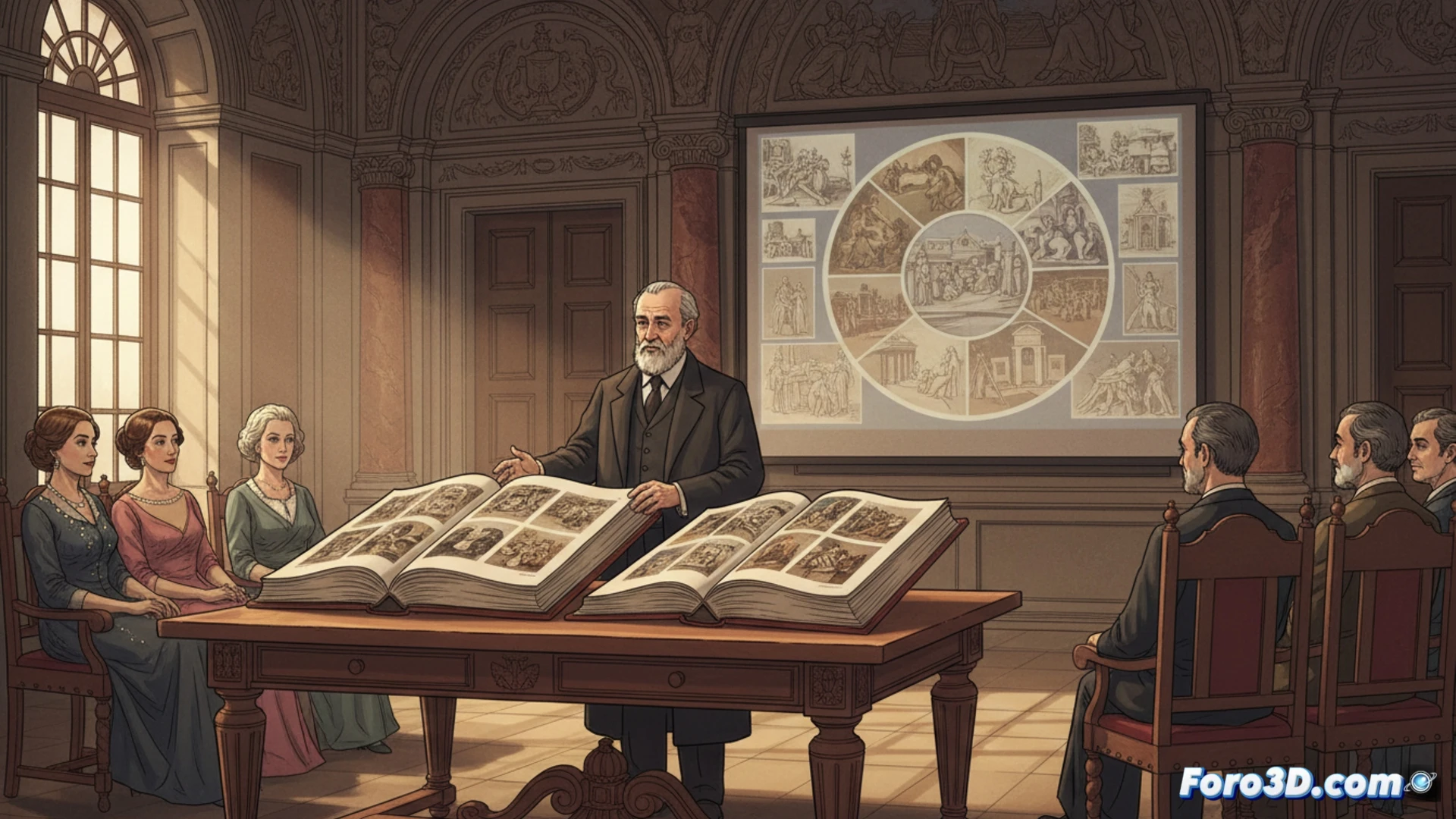 An elderly scholar carefully holding open a large white-gloved hand over a delicate vintage oil painting on an easel, surrounded by stacked archival boxes and unframed sketches, a magnifying glass resting beside a digital tablet showing a catalog grid, warm museum lighting illuminating dust motes, rich wooden shelves filled with art volumes in background, photorealistic technical documentation style, meticulous conservation atmosphere, soft directional light highlighting brushstroke texture and paper edges, ultra-detailed studio environment