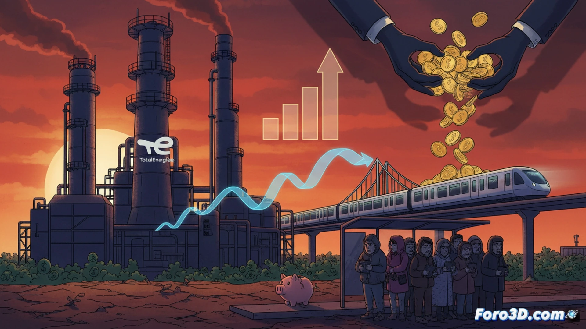 oil refinery pipes and valves at sunset, crude oil flowing through transparent sections while a government official in suit points at a price chart on a tablet, foreign shareholder logos floating above a globe, citizens waiting at a bus stop with empty wallets, technical illustration style, industrial control room background, glowing red pressure gauges showing extreme levels, photorealistic engineering visualization, dramatic contrast between corporate luxury and public transport, sharp focus on fiscal contradiction