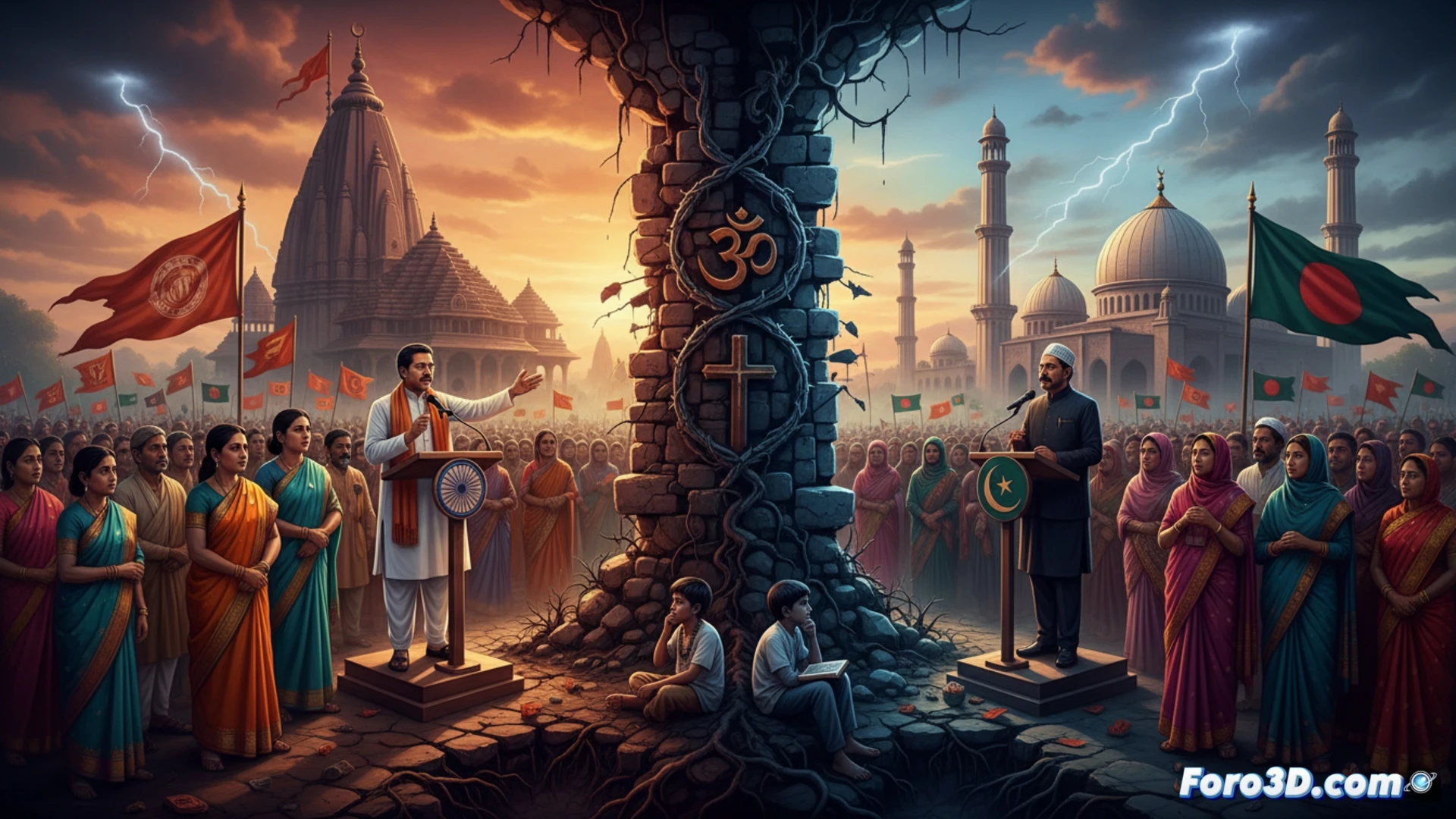 Una valla fronteriza divide un templo hindú y una mezquita, con políticos señalando banderas de India y Bangladesh entre multitudes enfrentadas.