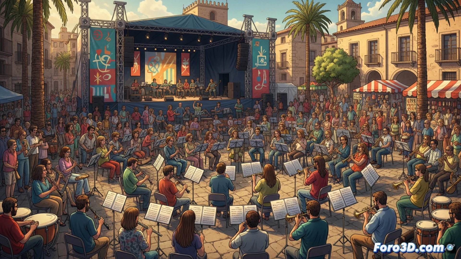 Una imagen panorámica de más de 300 músicos jóvenes, de 12 bandas de Castellón, tocando juntos al aire libre en Benicàssim. En primer plano, instrumentos de viento y percusión; al fondo, un escenario abierto con toldos blancos y un cielo despejado. Los músicos, en círculos concéntricos, ensayan en talleres colectivos, con partituras en atriles y sonrisas de convivencia. La escena transmite aprendizaje, unión cultural y formación musical en un ambiente festivo.
