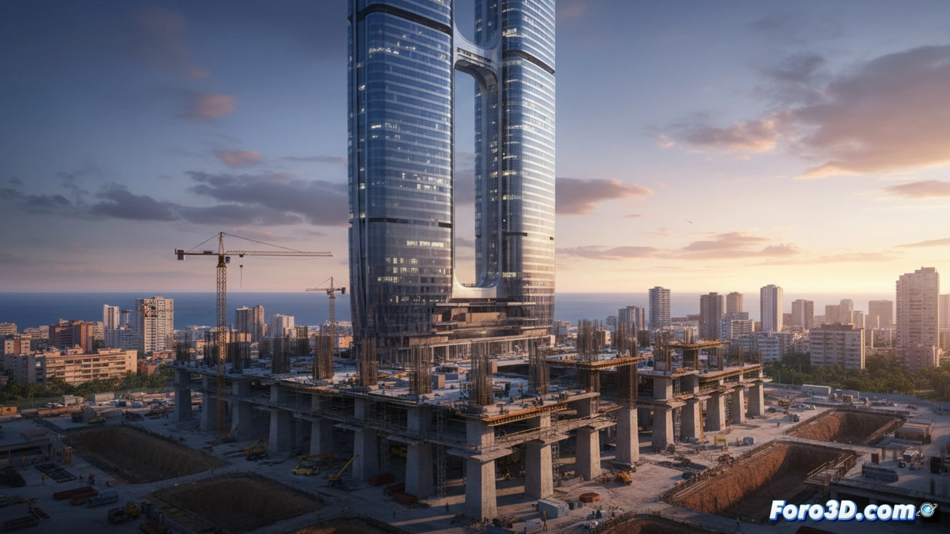 Residential skyscraper foundation construction in Benidorm, massive concrete pillars being poured into deep excavation pit, tower crane lifting steel reinforcement cages, construction workers in hard hats positioning formwork, technical engineering visualization, photorealistic architectural render, morning sunlight casting long shadows across the site, crane boom silhouetted against blue sky, exposed rebar grid and foundation walls, heavy machinery excavating bedrock, dust particles suspended in air, dramatic wide-angle perspective emphasizing depth and scale, industrial safety barriers and construction fencing visible