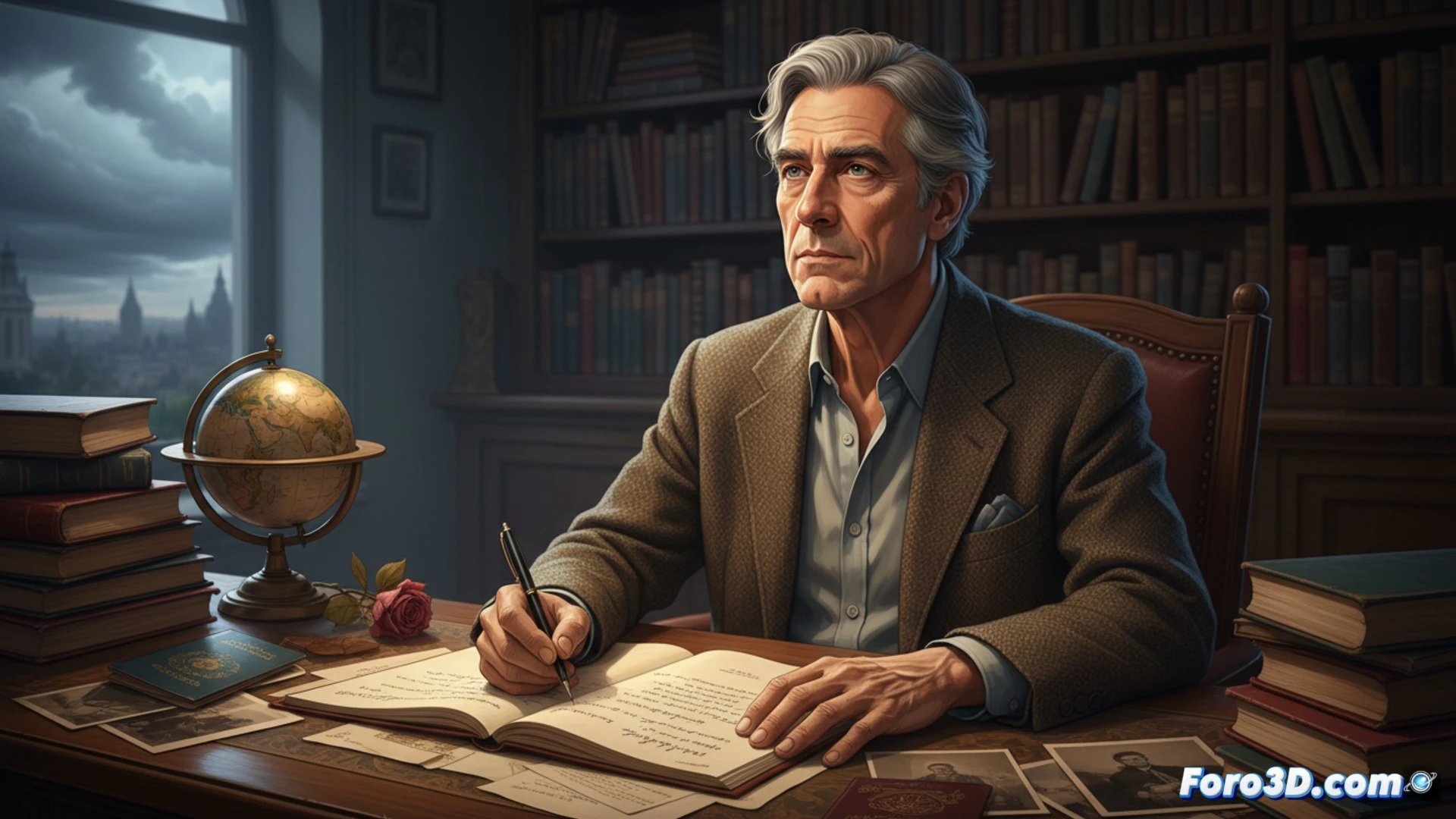 writer seated at a wooden desk in a dim study, hands typing on a vintage mechanical keyboard, stack of handwritten notebooks and a glowing laptop screen showing a memoir manuscript, neurological MRI scans pinned to the corkboard behind, a half-empty coffee cup and a small hourglass with sand running low, cinematic photorealistic style, warm amber desk lamp contrasting with cool blue monitor light, dust particles suspended in air, intense concentration on face, subtle tremor in fingers while typing, medical pill bottles blurred in background, dramatic chiaroscuro lighting, ultra-detailed textures of paper and skin, emotional resistance and honesty