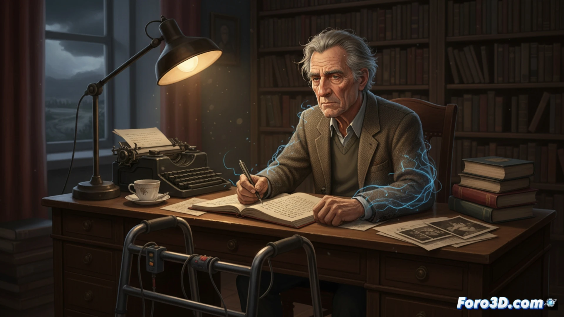 writer sitting at a wooden desk in a dim study, typing on a vintage mechanical typewriter while an abstract glowing neural pathway slowly fades from his temple, scattered pages with handwritten corrections overlap medical documents and pill bottles, a cracked mirror behind him reflects a younger version of himself, cinematic photorealistic style, warm amber desk lamp contrasting cold blue window light, dust particles suspended in air, visible tremor in his hand during the typing motion, ink bleeding from the typewriter ribbon onto paper, medical monitor displaying a flatlining EEG line in the background reflection, ultra-detailed textures of paper grain and metal keys, dramatic chiaroscuro lighting