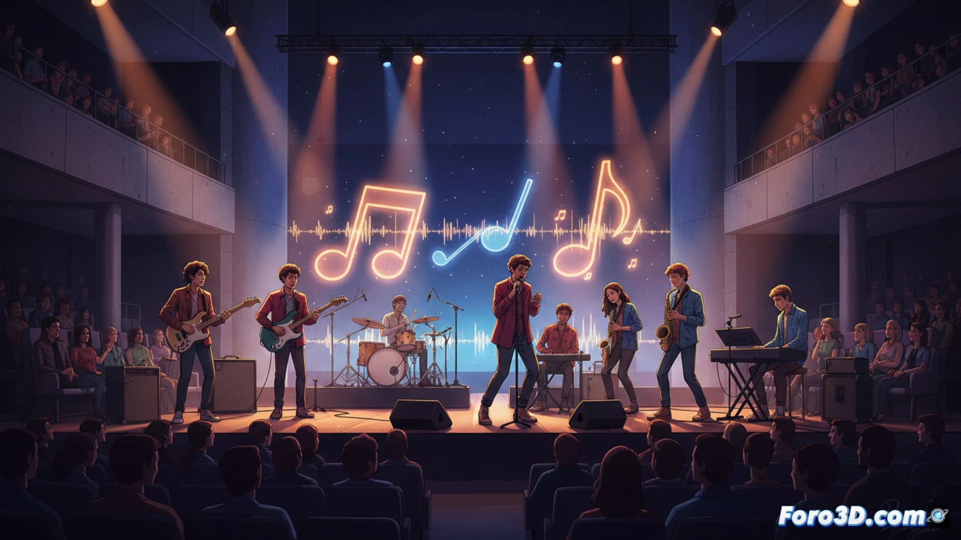 Dos jóvenes músicos, con instrumentos, actúan en un escenario iluminado de CaixaForum València, ante un público atento y diverso.