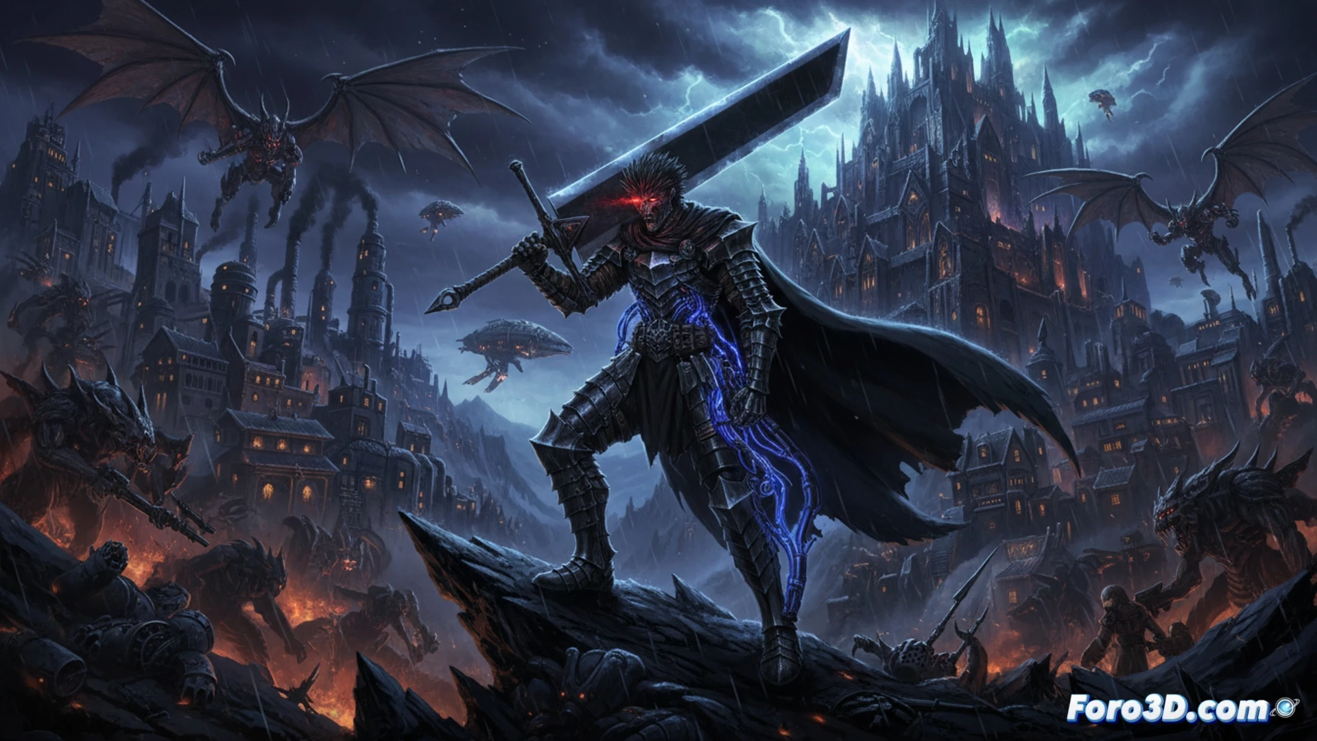Guts empuña su espada gigante ante un cielo tormentoso, con engranajes y ruinas tecnológicas de fondo, fusionando fantasía oscura y maquinaria.