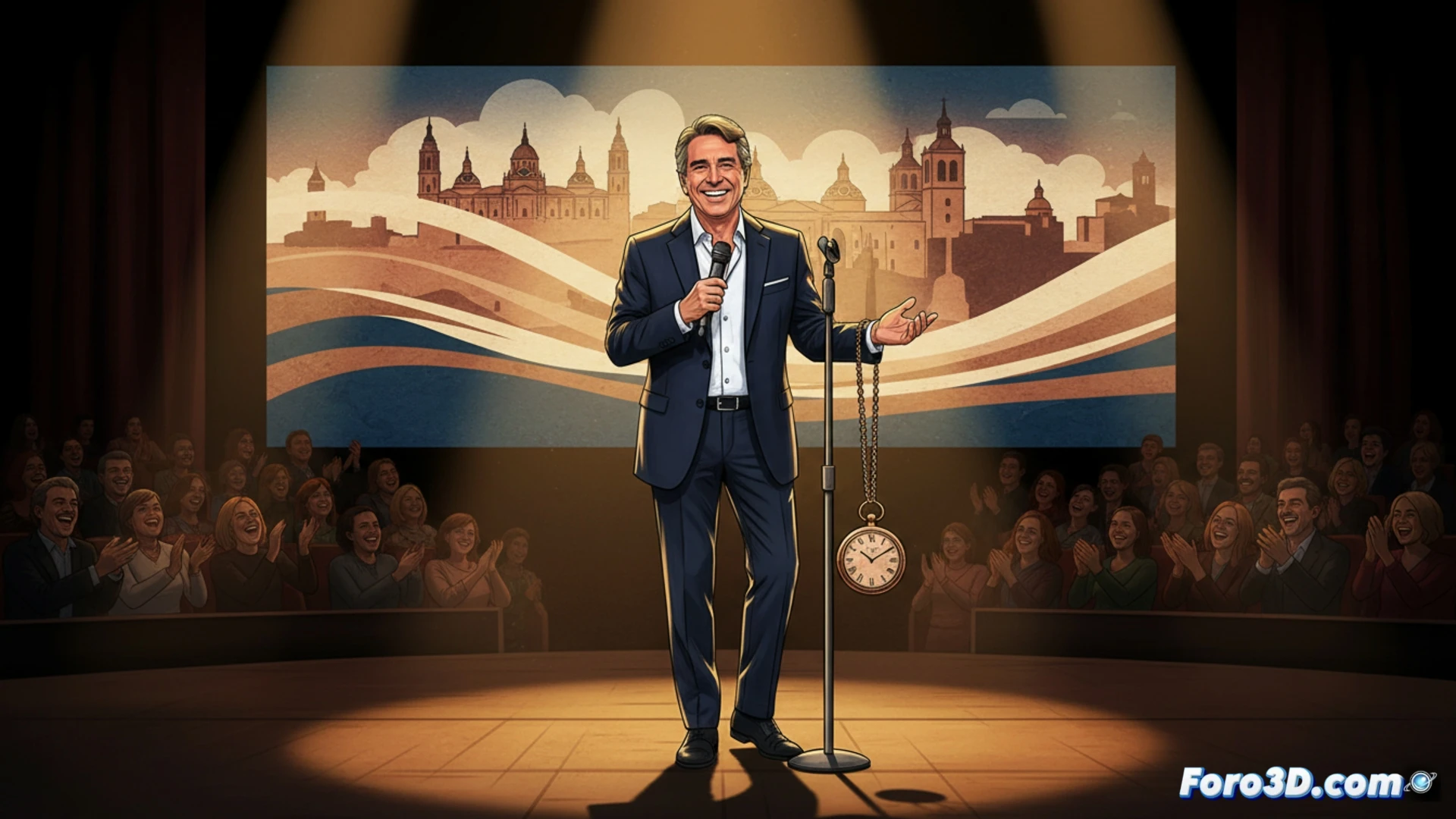 Bertín Osborne sonríe en el Auditorio de Zaragoza, micrófono en mano, con público cálido de fondo y gesto cercano, insinuando su posible retirada.