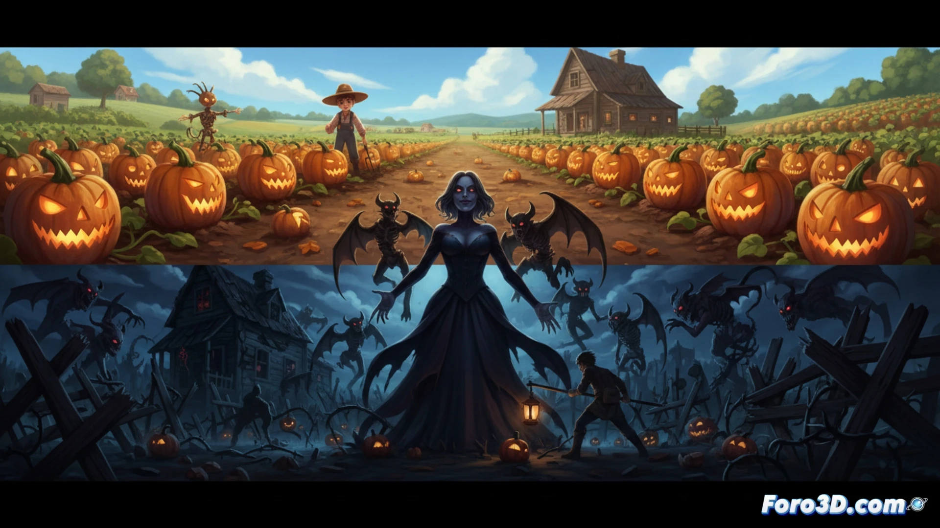 foggy farmland at twilight, a farmer in overalls holding a glowing hoe beside a harvested pumpkin patch, while a towering demonic creature with clawed hands emerges from the dark forest edge, pixelated farming UI elements floating near the character, Stardew Valley meets Resident Evil aesthetic, cinematic horror game visualization, saturated sunset lighting contrasting with deep shadows, realistic textures on soil and demon scales, glowing red eyes and particle effects around the monster, dramatic atmosphere with dust motes and firefly-like sparks, photorealistic technical render