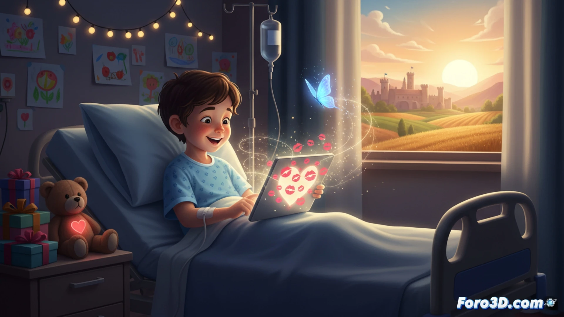 Un niño sonríe desde su cama de hospital mientras una enfermera le muestra una tableta con un beso virtual brillante.