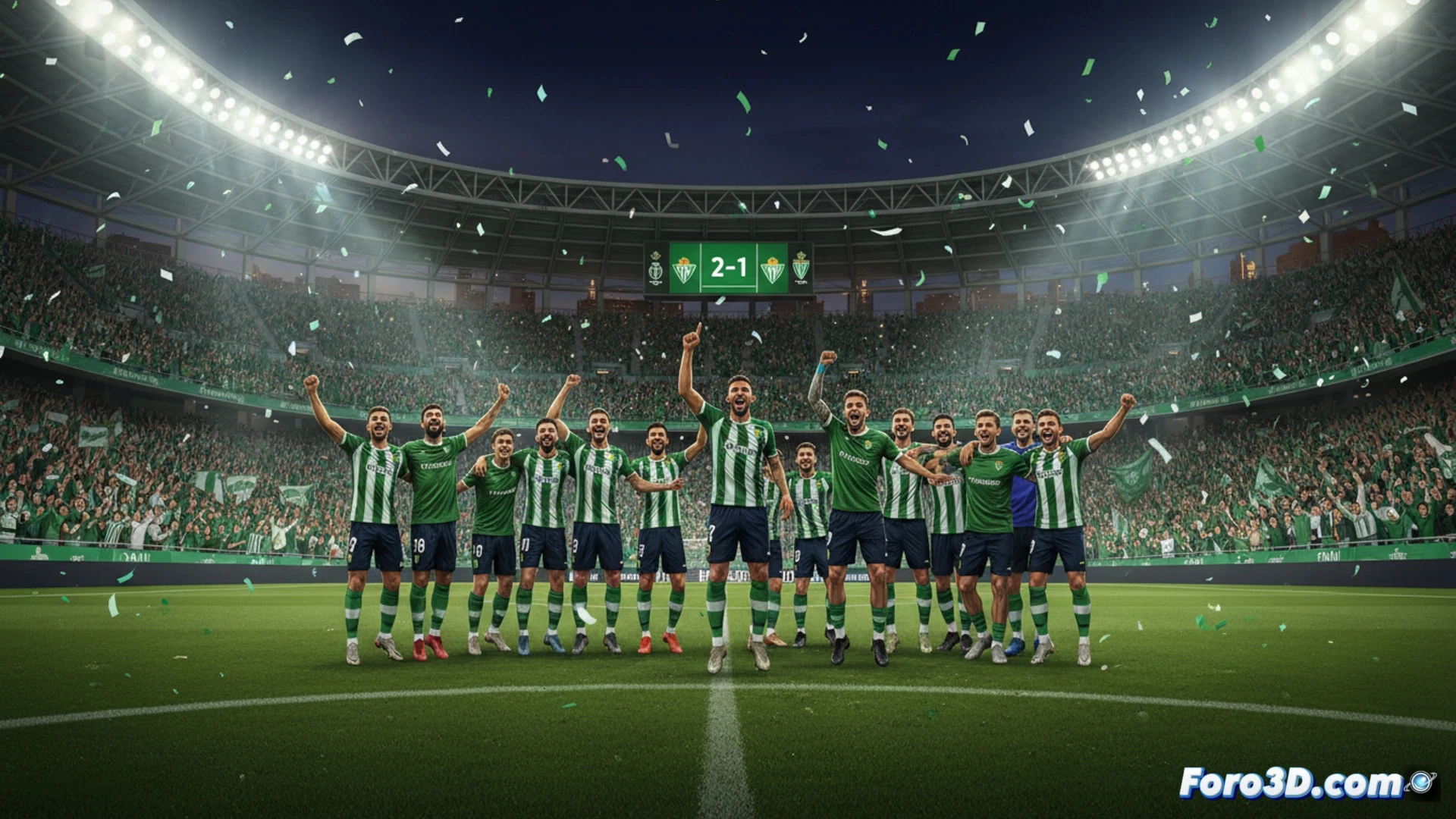 Real Betis football players celebrating a technical victory on La Cartuja pitch, green and white jerseys in motion, one player kicking a match ball while another slides in celebration, stadium lights casting dramatic shadows, photorealistic sports photography style, high-speed action freeze-frame, grass blades flying during the slide tackle, crowd blurred in background, intense focus on player expressions and body language, cinematic lighting with golden hour tones, ultra-detailed fabric textures and stadium architecture, dynamic composition showing team unity and triumph