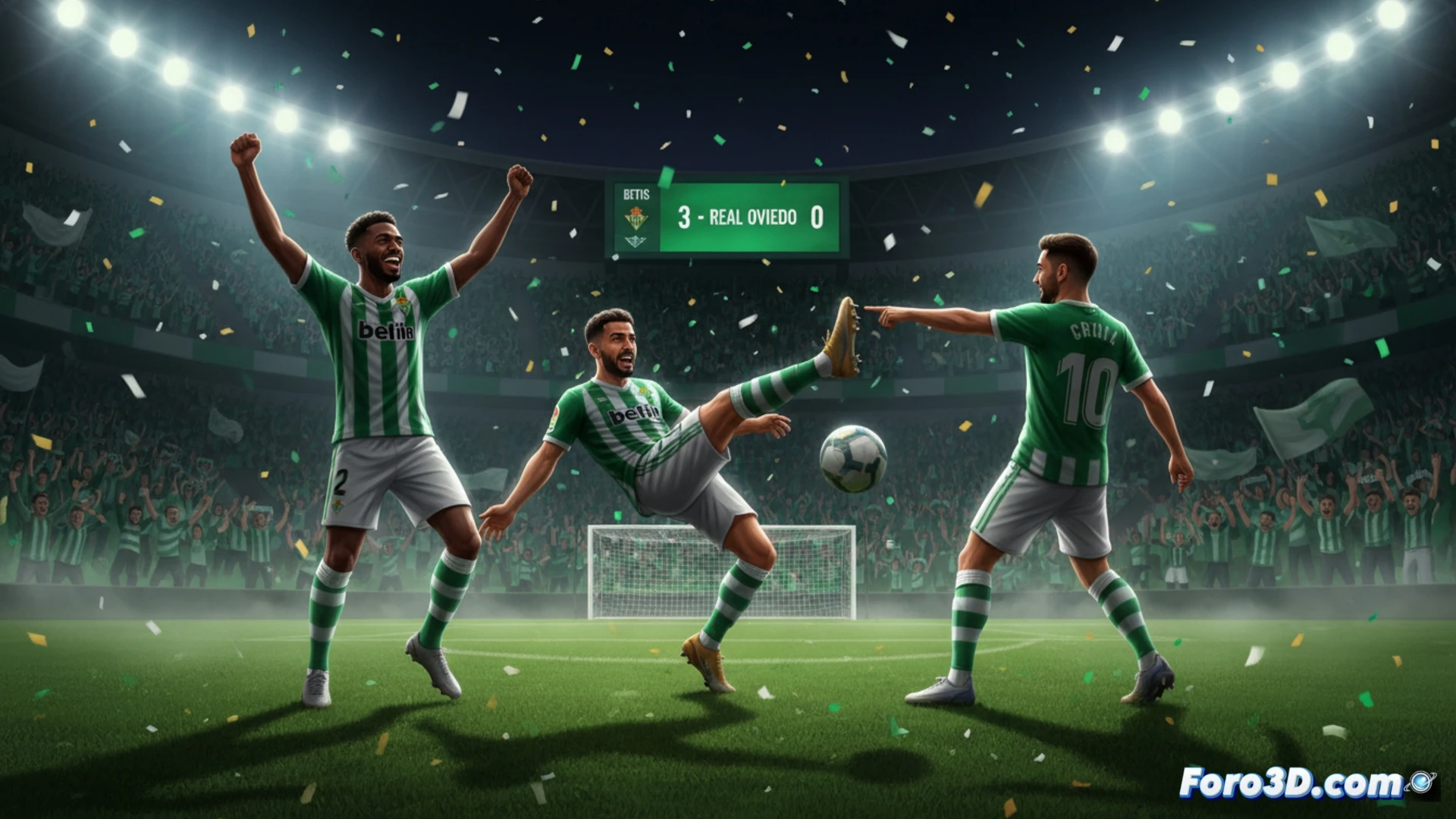 Descripción de la imagen: Celebración del doblete de Cucho Hernández en el Benito Villamarín, con Abde Ezzalzouli y el marcador 3-0 ante el Oviedo.
