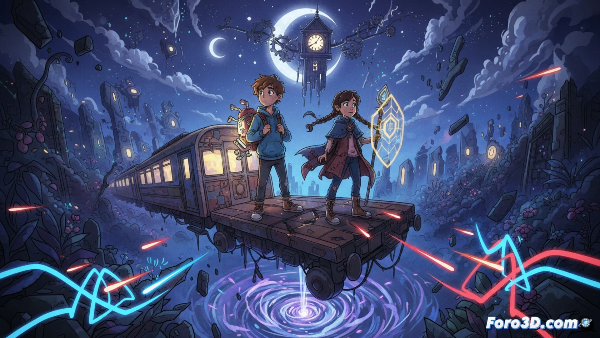 two figures in a dark train carriage asleep on seats, their bodies dissolving into glowing particles as the train interior fades into a surreal void, bullet-hell projectiles swirling around them like neon stars, a glowing train window showing a fragmented dreamscape, pixel-art-inspired combat HUD elements floating in the air, dramatic cinematic lighting with deep blues and purples, action of transformation between reality and dream, detailed character silhouettes with soft glow outlines, technical illustration style with high contrast and motion blur, demonstrating the moment of entering a forgotten world