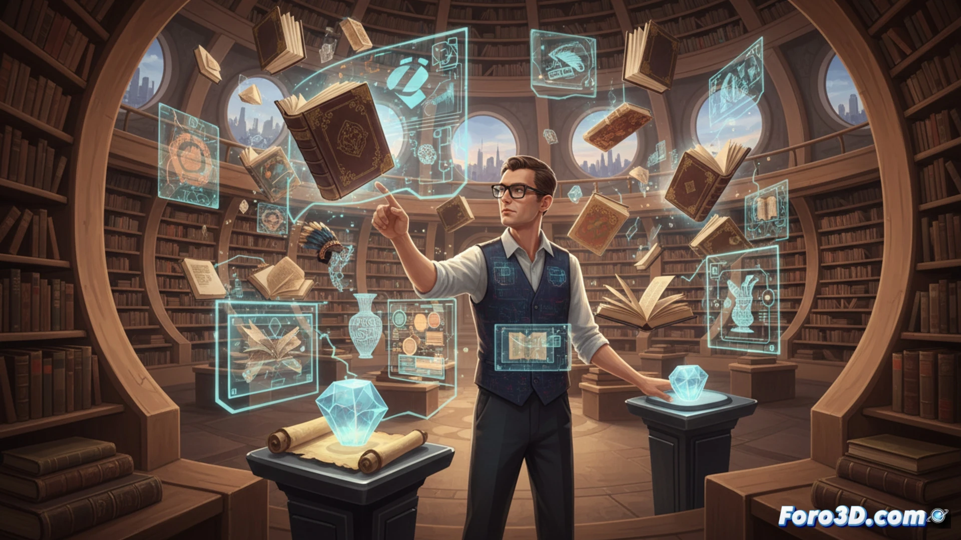 Un bibliotecario sostiene un libro abierto del cual emerge una réplica 3D flotante de un objeto histórico, rodeado de estantes con libros que parecen saltar en hologramas.