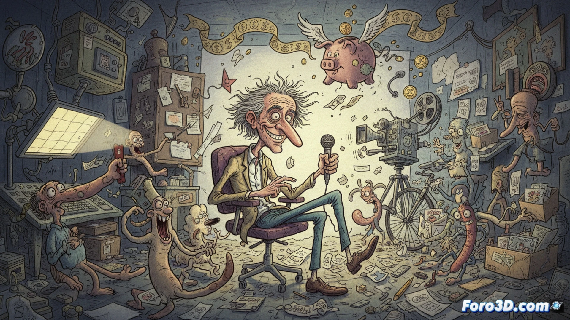 Bill Plympton, 80 años, dibuja en su estudio lleno de bocetos y camisetas, sin grandes presupuestos.