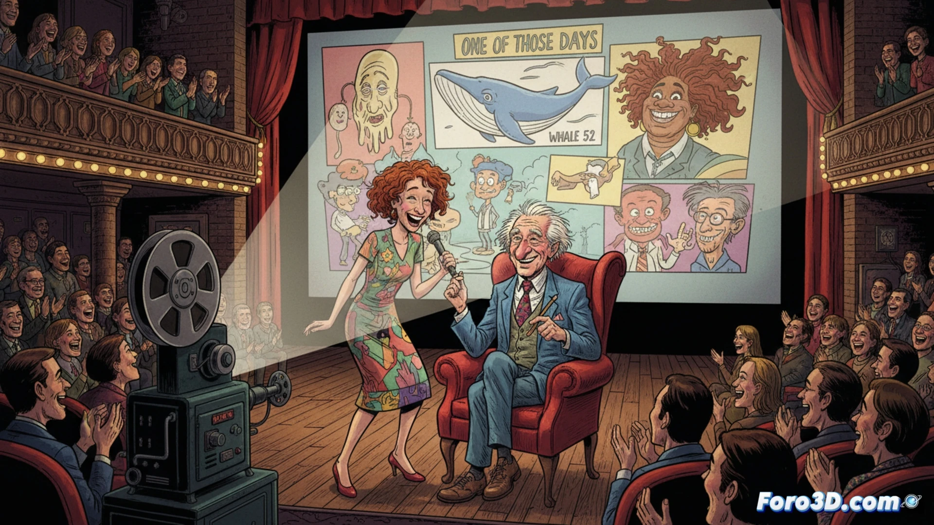 Bill Plympton sonríe ante el Metrograph, junto a Signe Baumane y un cartel de sus cortos animados.