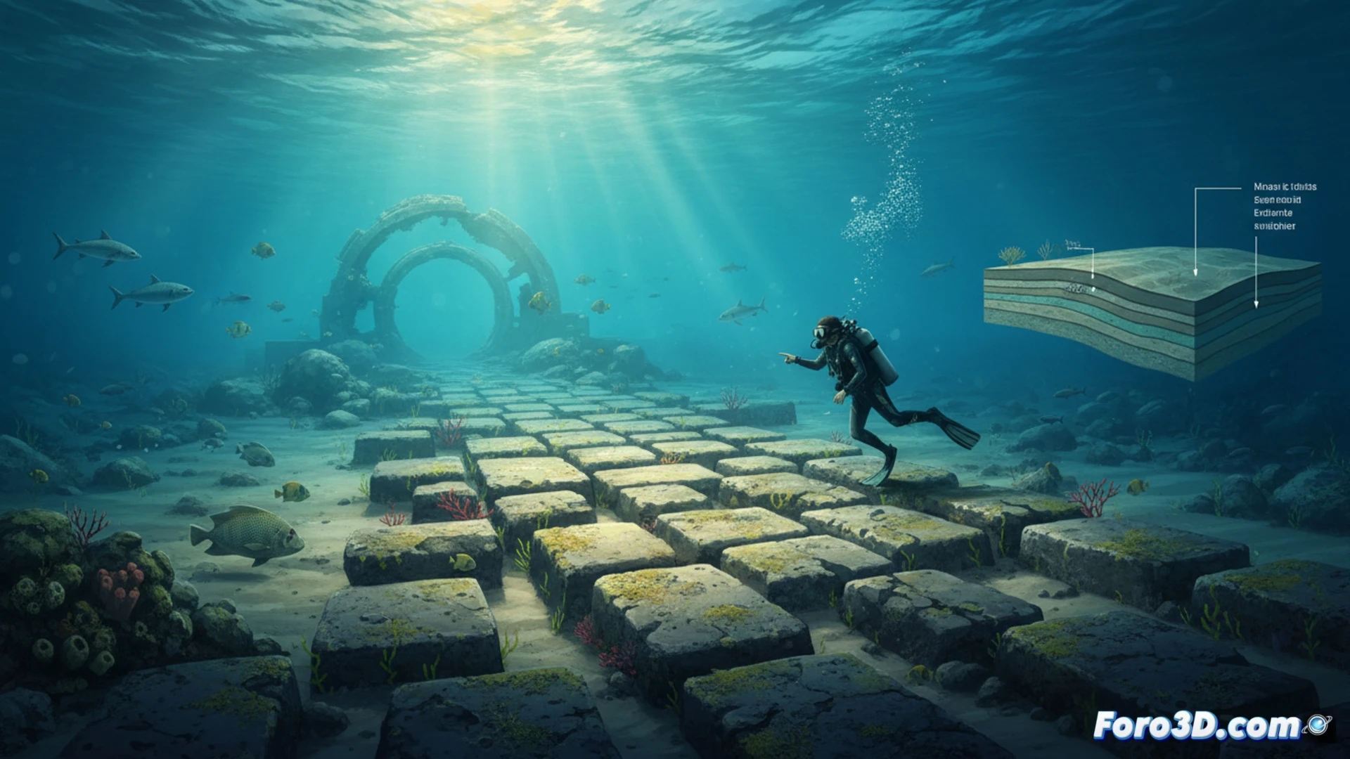 scuba diver examining Bimini Road submerged limestone blocks, measuring tape stretched across rectangular stone joints, underwater camera with macro lens capturing geological fracture patterns, sediment particles drifting in clear blue Caribbean water, sunlight rays penetrating six meters depth, contrasting rough natural rock edges against artificially aligned sections, technical archaeological illustration style, hyperrealistic underwater lighting, coral growth on weathered surfaces, diver pointing at layered sedimentary strata, cinematic ocean documentary aesthetic, precise engineering visualization of stone alignment