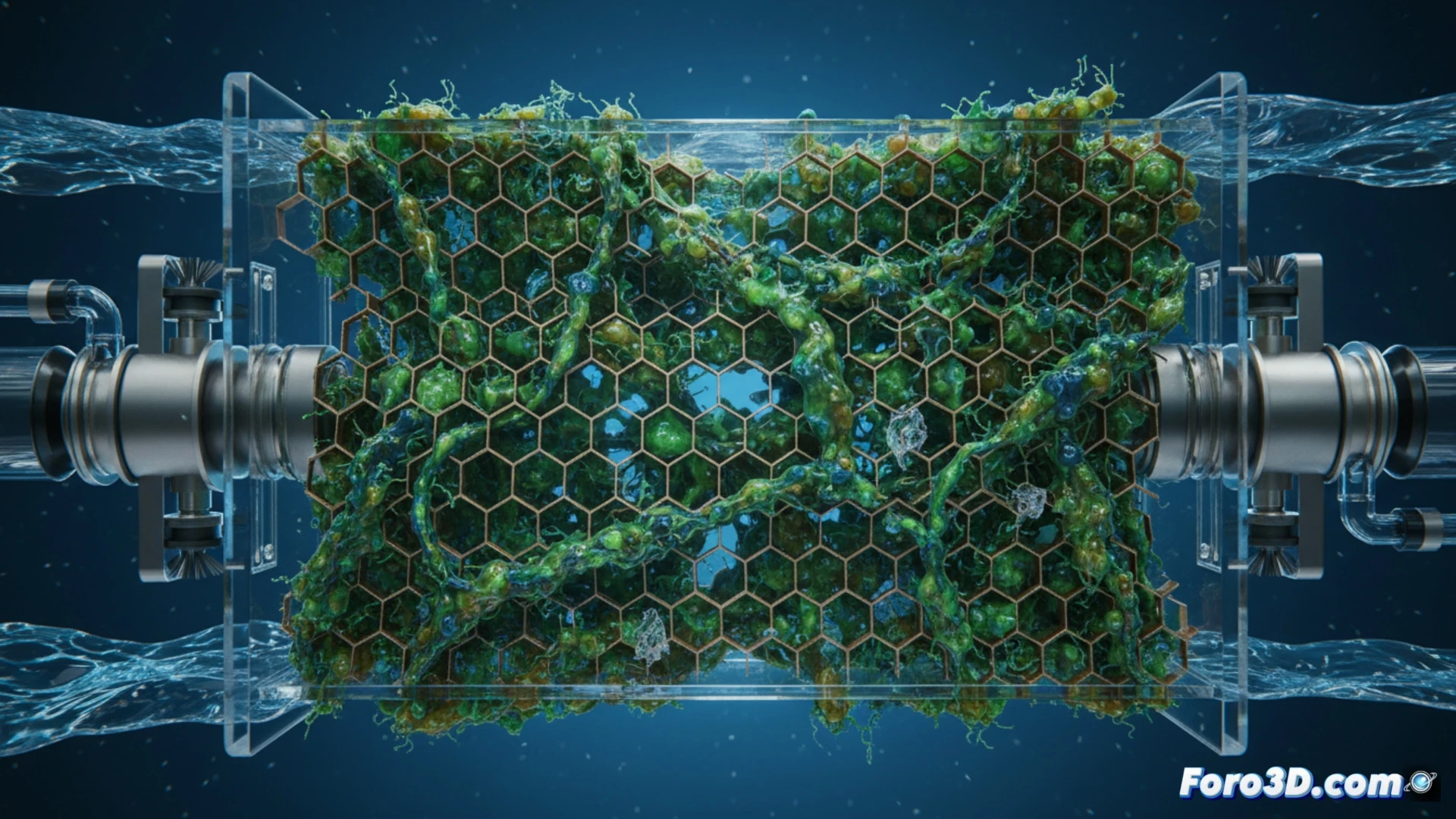 Modelado 3D de bio-obstrucción por fitoplancton en micro-tamices de grafeno para drones marinos de limpieza de microplásticos