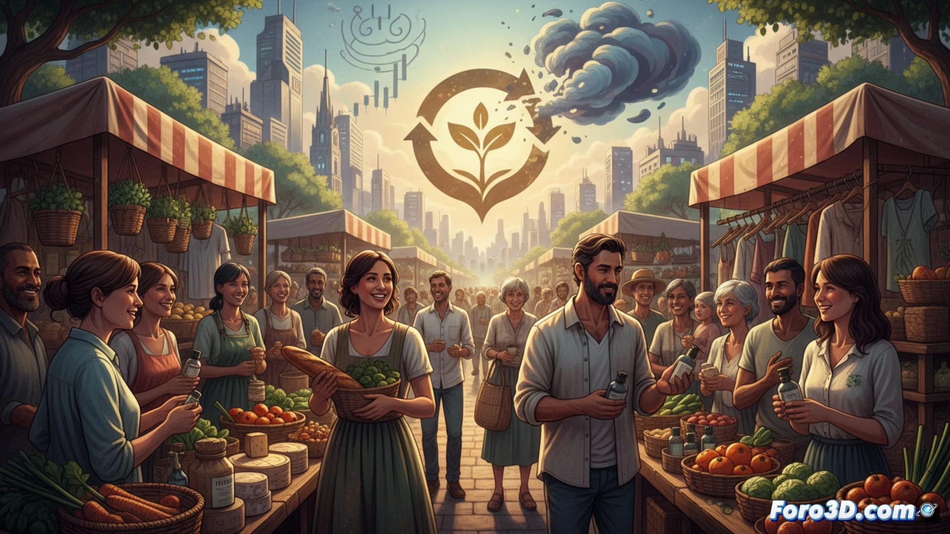 Una feria ecológica bulliciosa en La Farga de L´Hospitalet, con agricultores locales exhibiendo frutas y verduras frescas, junto a artesanos de cosmética natural, bajo un cartel de BioCultura que destaca el pequeño productor como solución ante la crisis global.