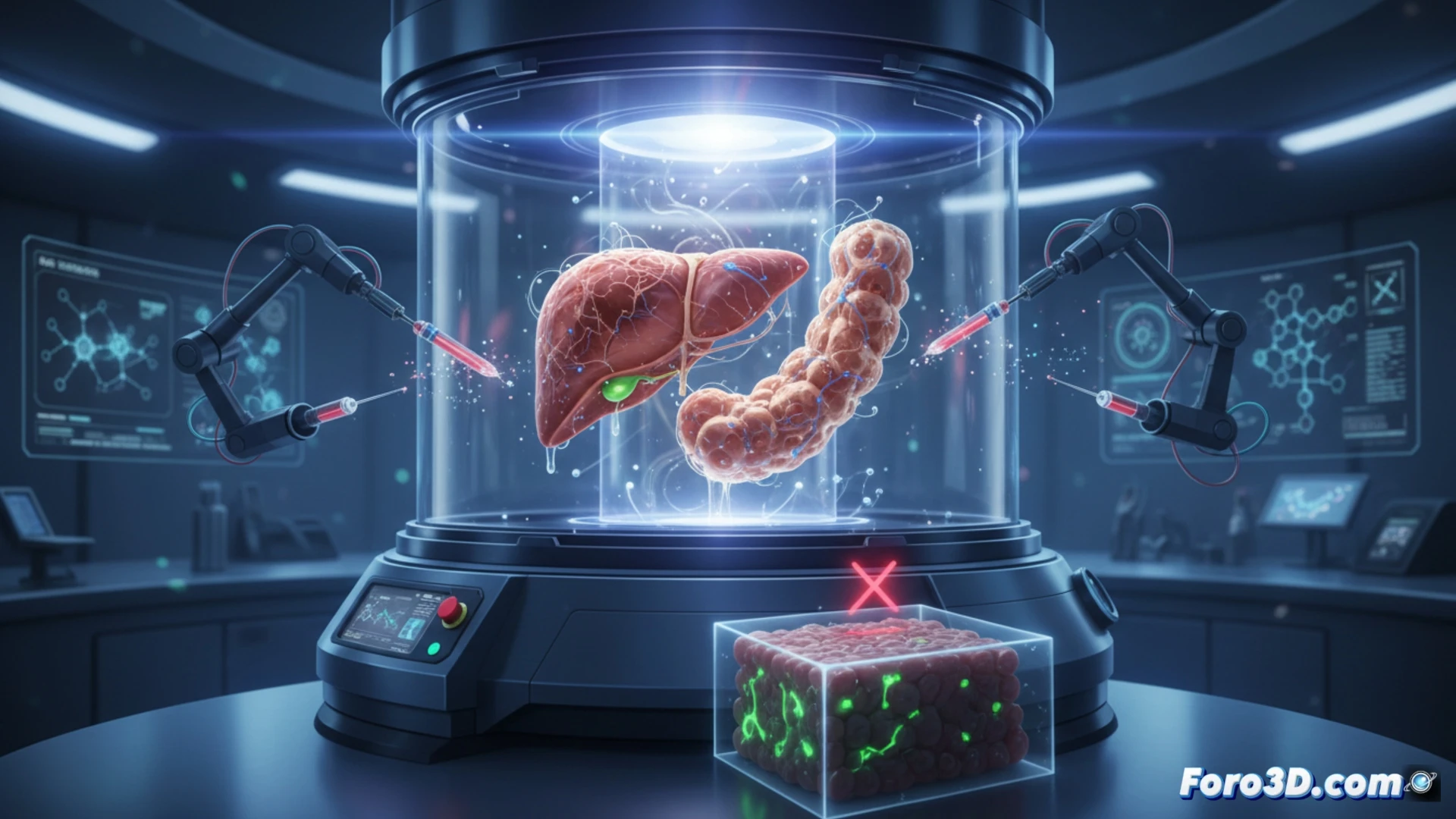 Photorealistic engineering visualization of volumetric bioprinting process, laser beam solidifying complex trabecular bone scaffold structure within transparent bioresin vat in 12.5 seconds, rotating 3D printed liver-on-a-chip device filtering fluorescent ammonia solution through microfluidic channels, translucent pancreatic tissue model glowing with embedded islet cells, suspended uncrosslinked hydrogel droplets mid-solidification, high-speed motion freeze effect capturing rapid layerless formation, intense blue UV curing light illuminating intricate porous architecture, polished metallic printhead and robotic positioning arm in background, dramatic dark laboratory lighting with cool cyan and amber accents, ultra-detailed microscopic surface textures, cinematic depth of field emphasizing rapid creation moment