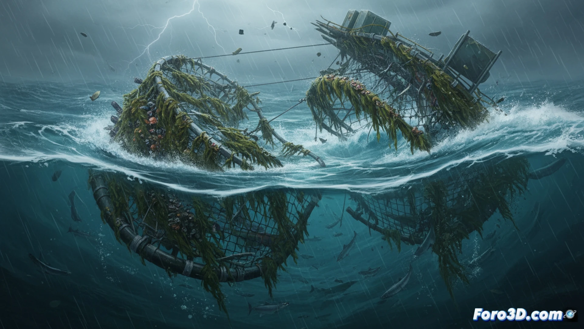 Jaula acuicultura colapsada con bioincrustación en redes, tormenta marina y reconstrucción 3D forense