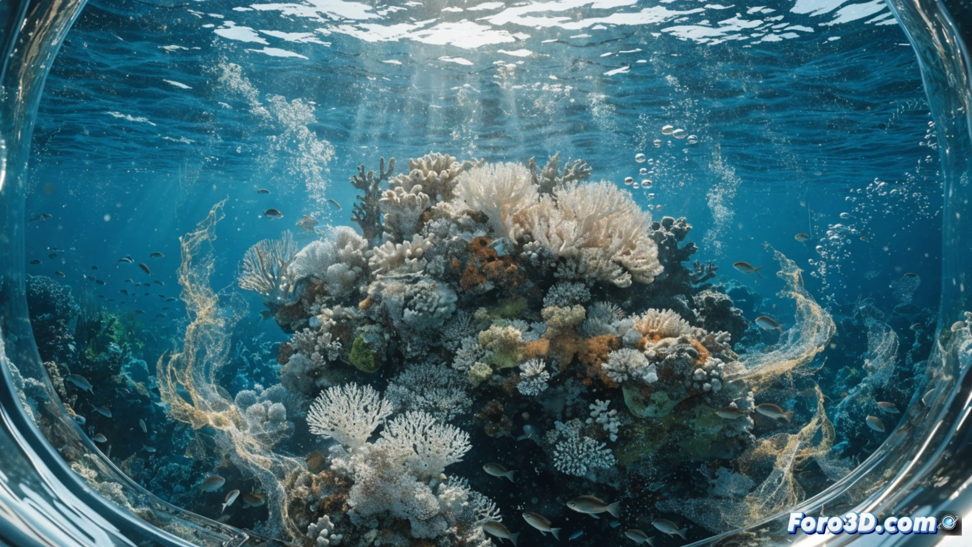 Un biólogo marino en casa escanea un modelo 3D de coral en pantalla, con océano digital de fondo y peces virtuales.