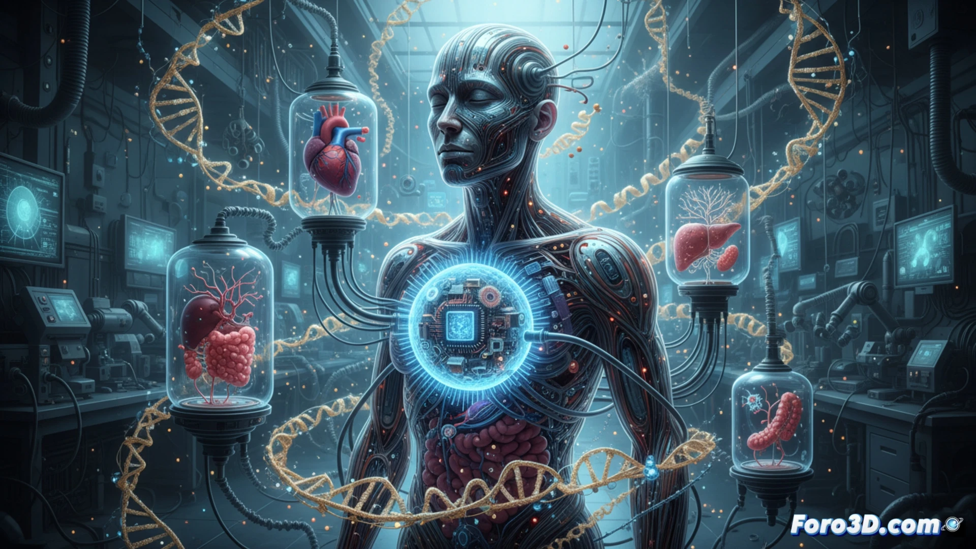 A human hand manipulating a glowing double helix inside a sterile transparent laboratory cube, DNA strands being spliced by robotic micro-injectors, cellular structures dissolving into metallic gears and wires, petri dishes with synthetic organs growing under blue light, a glass cage forming around the scene, cold white laboratory lighting, sterile metallic surfaces, photorealistic engineering visualization, hyper-detailed biological and mechanical textures, cinematic depth of field, ominous atmosphere
