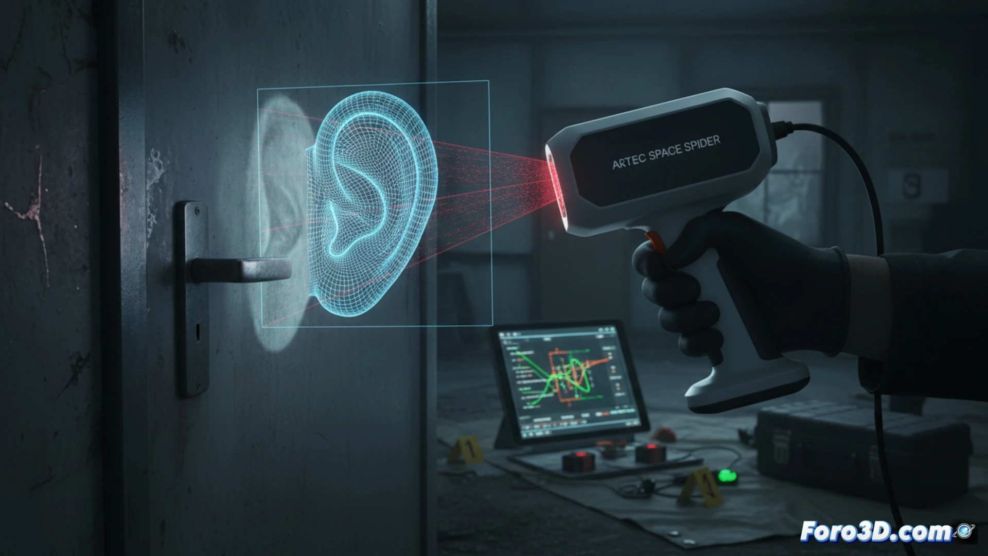 Escáner 3D Artec Space Spider capturando la topografía detallada de una oreja humana para análisis forense biométrico