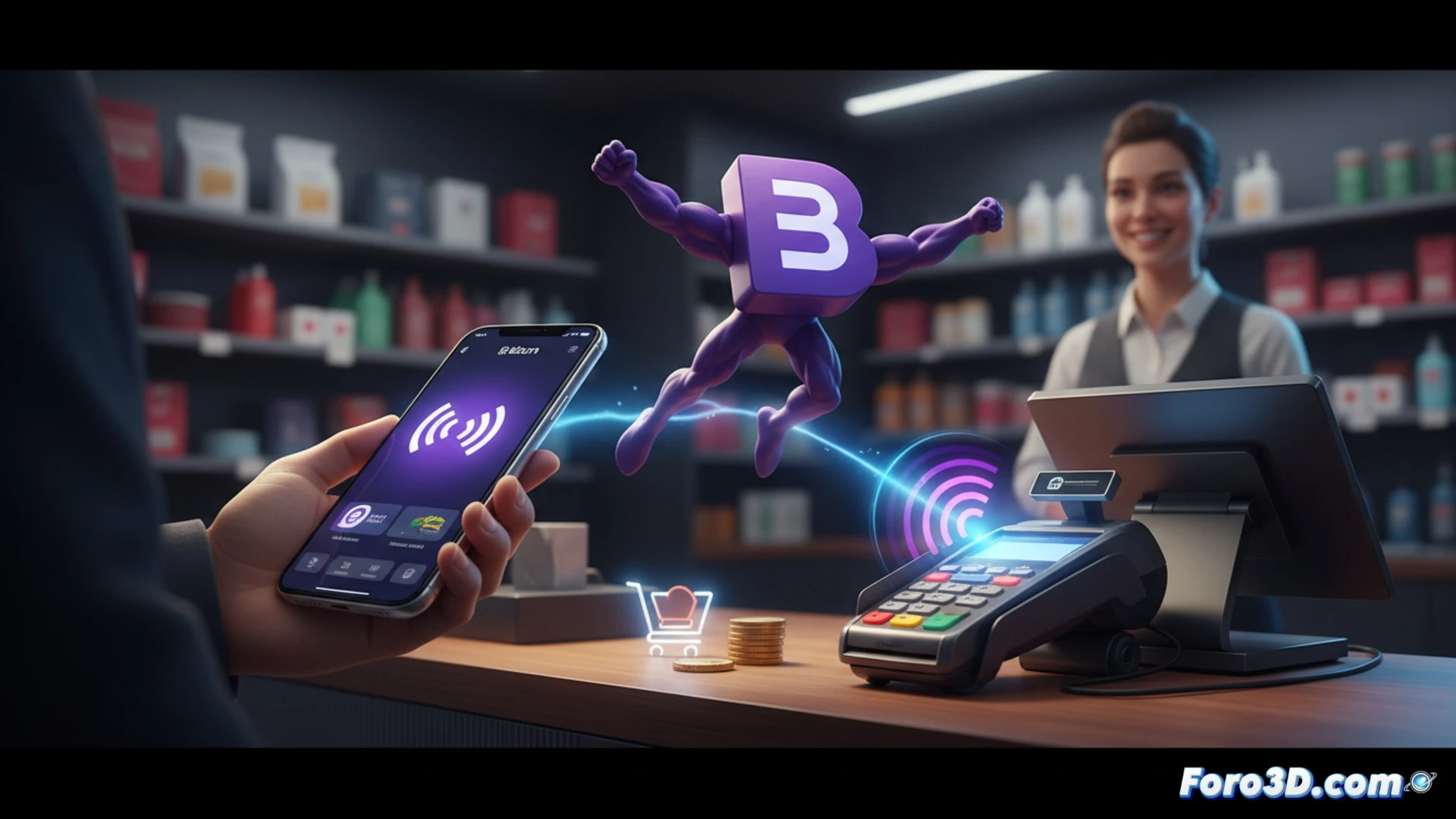 Un móvil con pantalla de Bizum roza un datáfono con destello NFC; fondo de tienda difuminado, transacción inmediata.