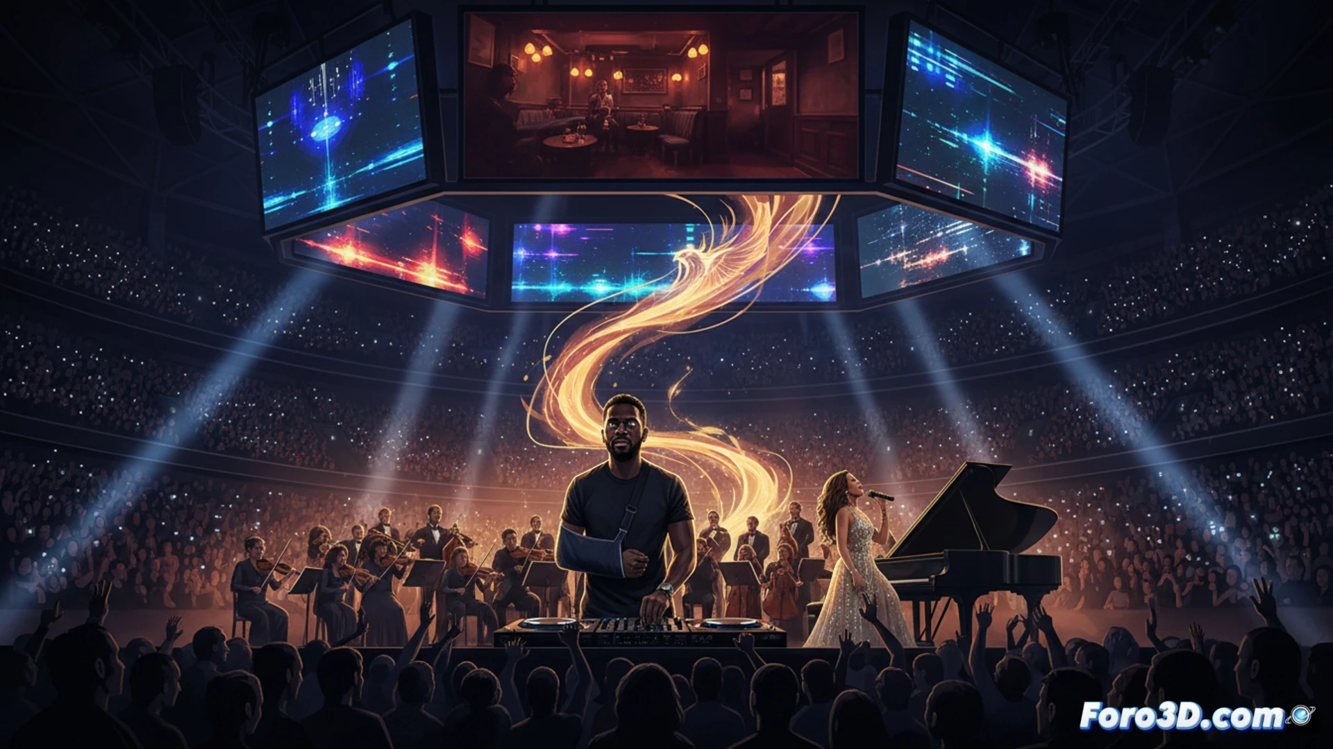 Black Coffee DJ mixing on stage at O2 Arena, left arm disabled but raised in triumph, full orchestra playing behind him, Alicia Keys at grand piano with glowing keys, holographic timeline showing 1990 car wreck transforming into musical notes, mixing console with faders and waveform displays, cinematic concert photography style, dramatic spotlight beams cutting through smoke, audience silhouettes cheering, emotional facial expression, photorealistic stage lighting, ultra-detailed instruments and sound equipment