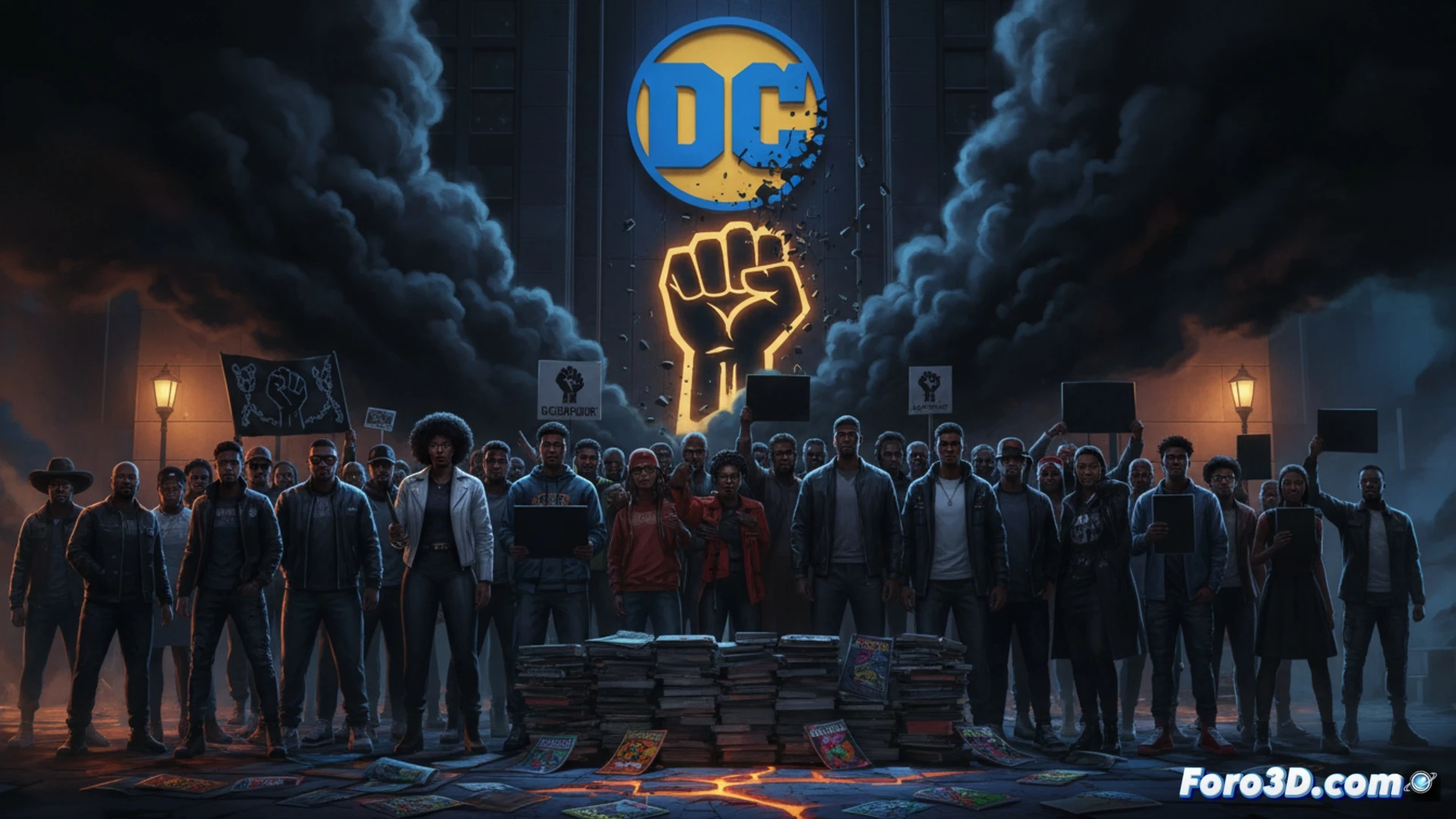 Black Comics Alliance protest outside DC Comics headquarters, diverse crowd holding blank signs high during demonstration, graphic artists sketching character designs on tablets while standing in line, ink splatters on pavement, comic book pages scattered on ground showing empty speech bubbles, cinematic photorealistic style, dramatic overcast lighting, urban setting with glass office tower reflection, movement blur in crowd, technical focus on art tools and drawing tablets, powerful collective action atmosphere