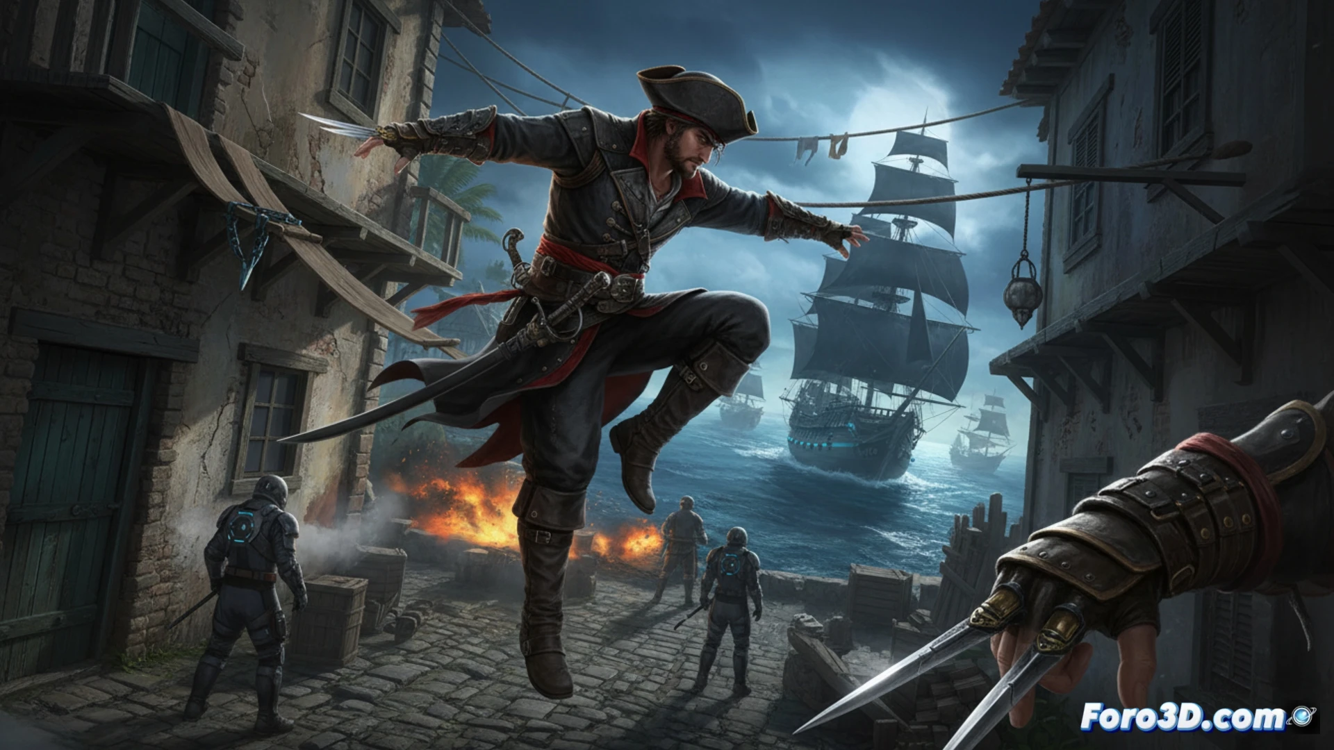 Edward Kenway en cubierta, con parkour fluido y sigilo renovado, al atardecer en el Caribe, listo para el combate.