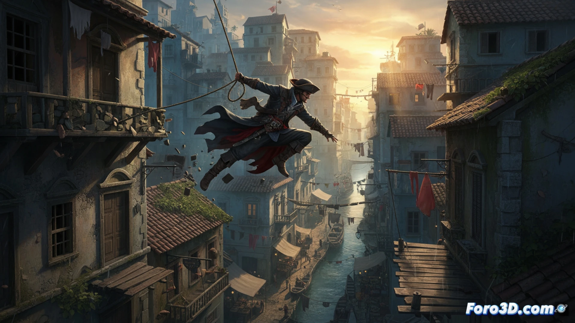 Assassin's Creed IV Black Flag pirate parkour scene, Edward Kenway sprinting across tightly packed Caribbean rooftops, hands gripping wooden beams during a leap between two close colonial buildings, dense urban level design replacing open fields, next-gen graphics update showing realistic stone textures and cloth physics, cinematic photorealistic technical illustration, dramatic sunset lighting casting long shadows, motion blur on running boots, detailed architectural elements like balconies and shuttered windows, ultra-detailed character model with flowing coat and hidden blade glinting, nostalgic classic parkour flow demonstrated