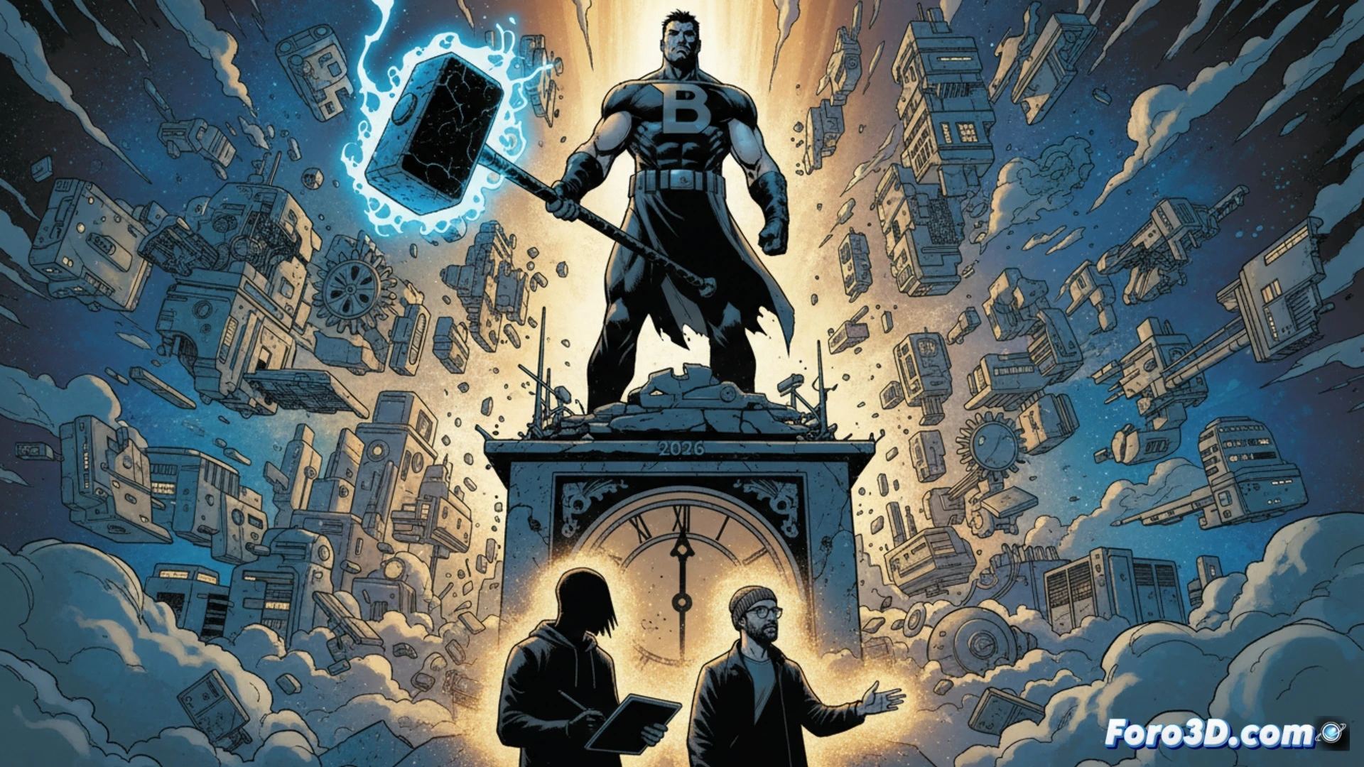 Descripción de imagen: Primer plano de un cómic abierto con el logo de Black Hammer y el año 2026, rodeado de lápices, tinta y un reloj de arena. Al fondo, siluetas borrosas de héroes de Spiral City.