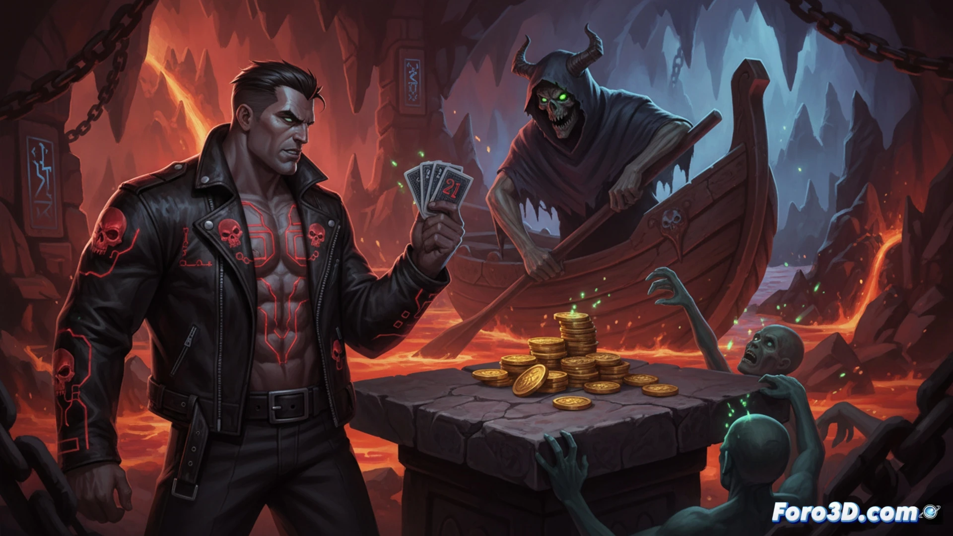 Descripción visual para el artículo:

Un jugador solitario con chaqueta negra y sombrero de ala ancha se sienta ante una mesa de blackjack en llamas, rodeado de almas espectrales de tonos rojos y anaranjados. Sobre la mesa, cartas repartidas forman una mano de 21, mientras monedas de oro brillan entre el humo infernal. Al fondo, un barquero encapuchado espera junto a una barca sobre un río de lava, iluminando la escena con un resplandor infernal. La composición combina elementos de casino y averno, con un estilo de arte oscuro y vibrante que refleja la mezcla de roguelite y blackjack.