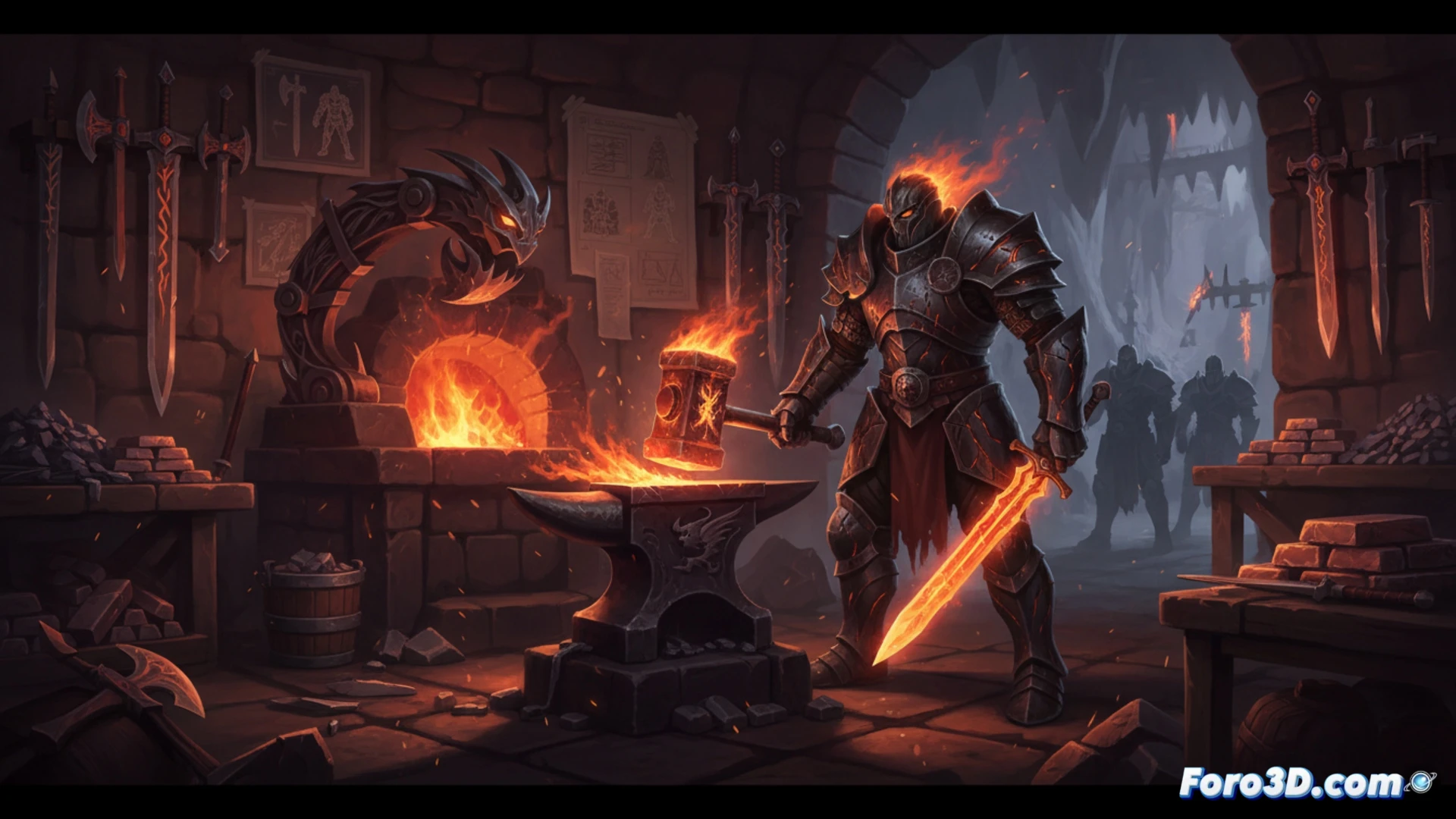 Third-person blacksmith soulslike combat scene, hero forging a curved blade at an anvil with glowing embers and hammer sparks, then immediately switching stance to parry a stone golem’s heavy swing, cracked forge floor, adjustable weapon stats panel faintly projected in midair showing material hardness and edge sharpness, interchangeable posture icons glowing on the hero’s belt, cinematic photorealistic rendering, dramatic low-angle lighting from forge fire, metallic armor reflections, dynamic motion blur on hammer strike and sword clash, ultra-detailed medieval workshop with hanging tongs and bellows, smoke particles rising, technical action visualization.
