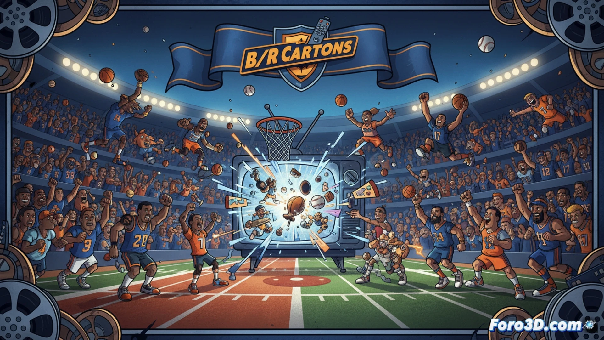 Bleacher Report animation studio control room, multiple monitors displaying animated sports characters mid-action, motion capture equipment tracking a basketball player model, stylized cartoon avatars being rendered in real-time, colorful storyboard panels pinned to wall showing Game of Zones and Gridiron Heights scenes, digital tablet with stylus sketching a player dunking, cinematic lighting with neon sports highlights, vibrant pop-art aesthetic, technical illustration style, clean vector lines mixed with 3D render textures, dynamic camera angle capturing creative process in action
