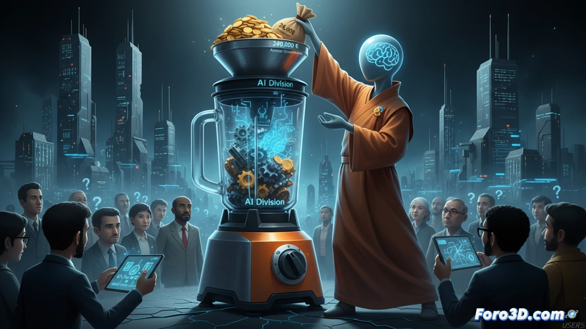 Una escena dividida muestra el logo de Blender a la izquierda, brillante, y el de Anthropic a la derecha, opaco y reducido. Entre ambos, una grieta digital simboliza la ruptura. Al fondo, usuarios de software 3D discuten con gestos de desaprobación, mientras monedas de euro caen solitarias hacia un fondo de desarrollo.