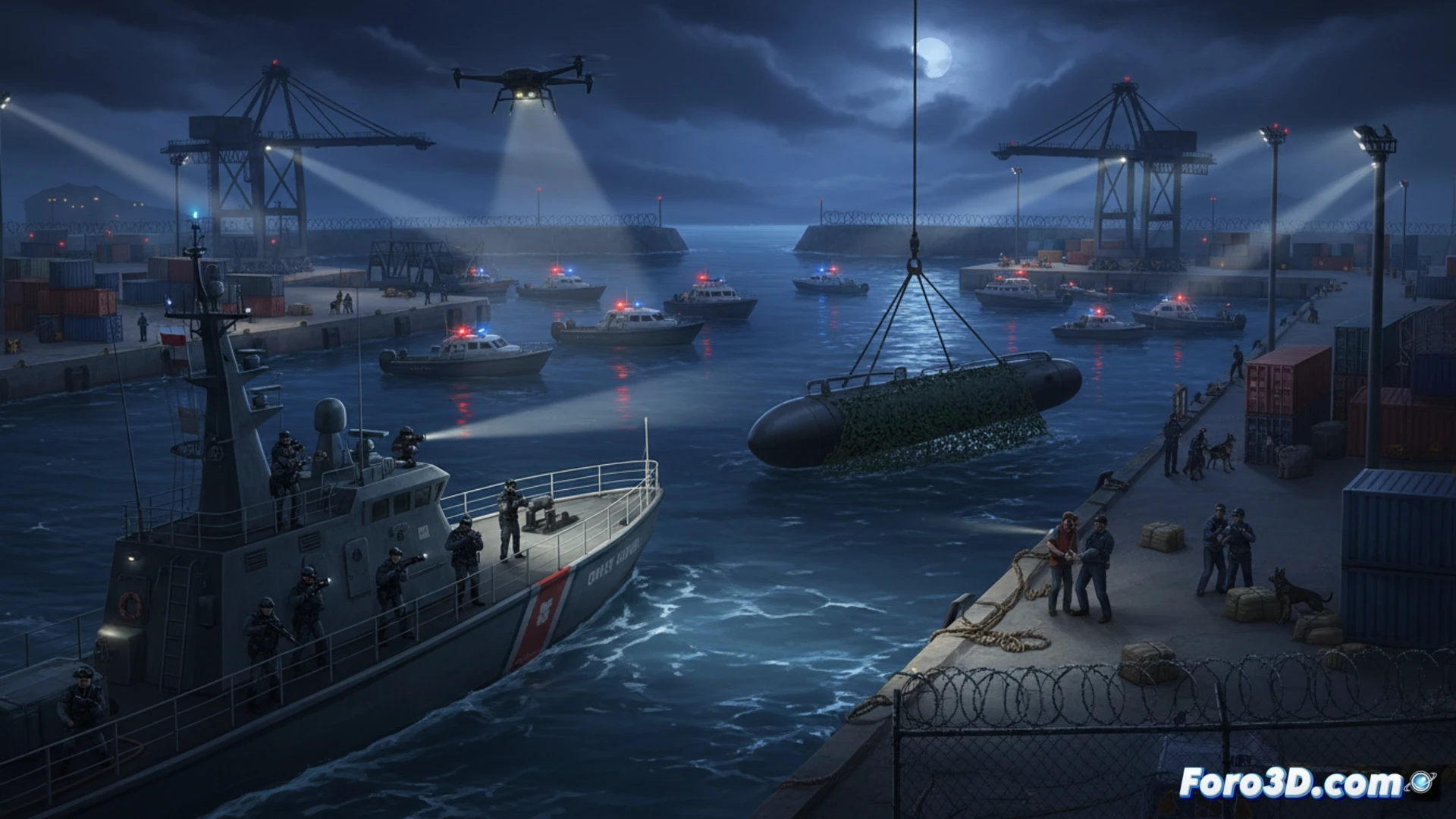 Drone shot of a massive shipping port at night, multiple container ships docked, heavy steel barriers being deployed across key access points by armored vehicles, port cranes frozen mid-operation, customs agents in tactical gear inspecting cargo with handheld scanners and drug-sniffing dogs, red glow of emergency lights on patrol boats sealing off waterways, cinematic photorealistic visualization, dramatic industrial lighting, dense fog rolling over wet asphalt, high-angle view showing the entire tactical blockade in action, ultra-detailed container stacks and ship hulls
