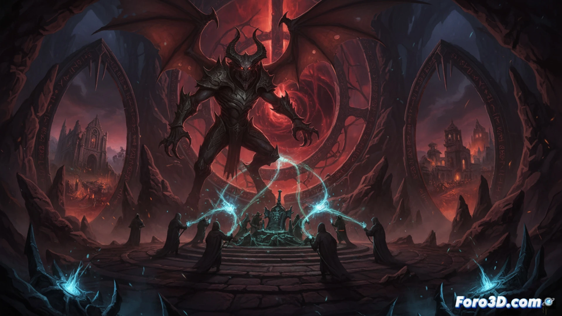 Blizzard game development studio, side-by-side monitor screens showing Diablo 4 early build and expansion Lord of Hatred concept art, game designers transferring planned expansion features into base game code, hands typing on mechanical keyboard while referencing blueprint-style development boards, glowing interface elements, cinematic technical illustration, photorealistic render, dramatic blue and orange lighting, ultra-detailed workstation with reference documents and stylized demonic motifs, action of moving digital assets between project folders, sleek minimalist office environment