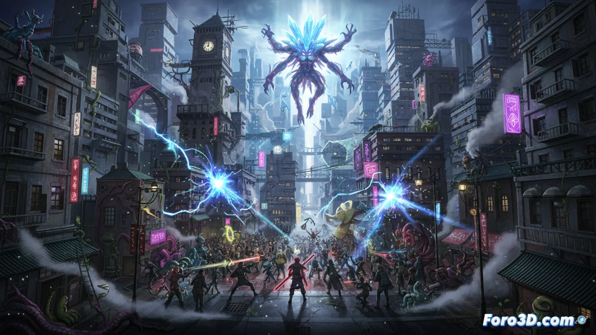 Ciudad de noche con criaturas y luces neón, estilo Blood Blockade Battlefront, Unreal Engine