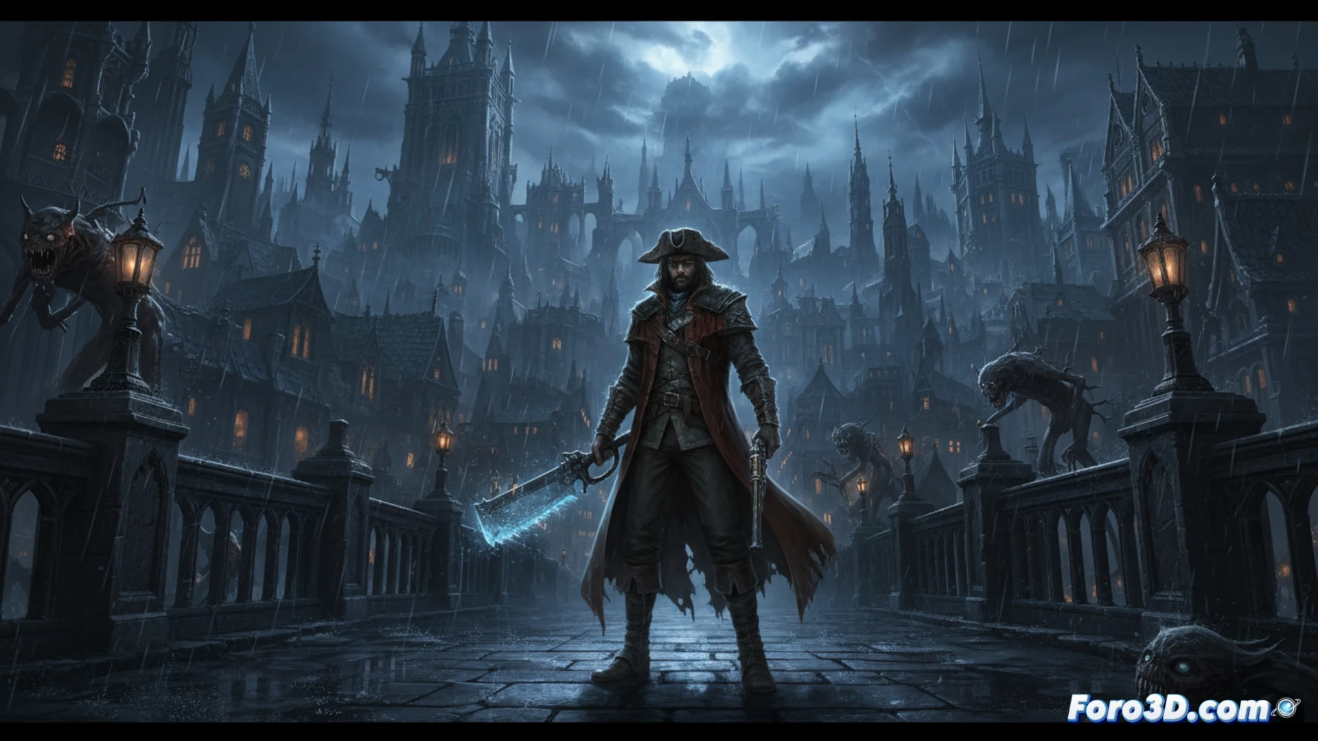 Hunter wielding threaded cane in Yharnam cathedral ward, blood splatter effects at 4K resolution, 60 fps motion smoothness demonstrated through ghosting trail on enemy dodge, Ryzen 9 CPU heatsink and RTX 5090 GPU visible through glass side panel of open PC case, ShadPS4 emulator window showing frame rate counter and resolution overlay on monitor, mod launcher interface floating as holographic UI, improved volumetric lighting casting sharp shadows across stone pillars, cinematic technical illustration, dark gothic atmosphere with neon blue hardware glow, photorealistic engineering visualization, ultra-detailed textures on cobblestone and brickwork, dramatic contrast between original blurry shadows and enhanced crisp lighting.
