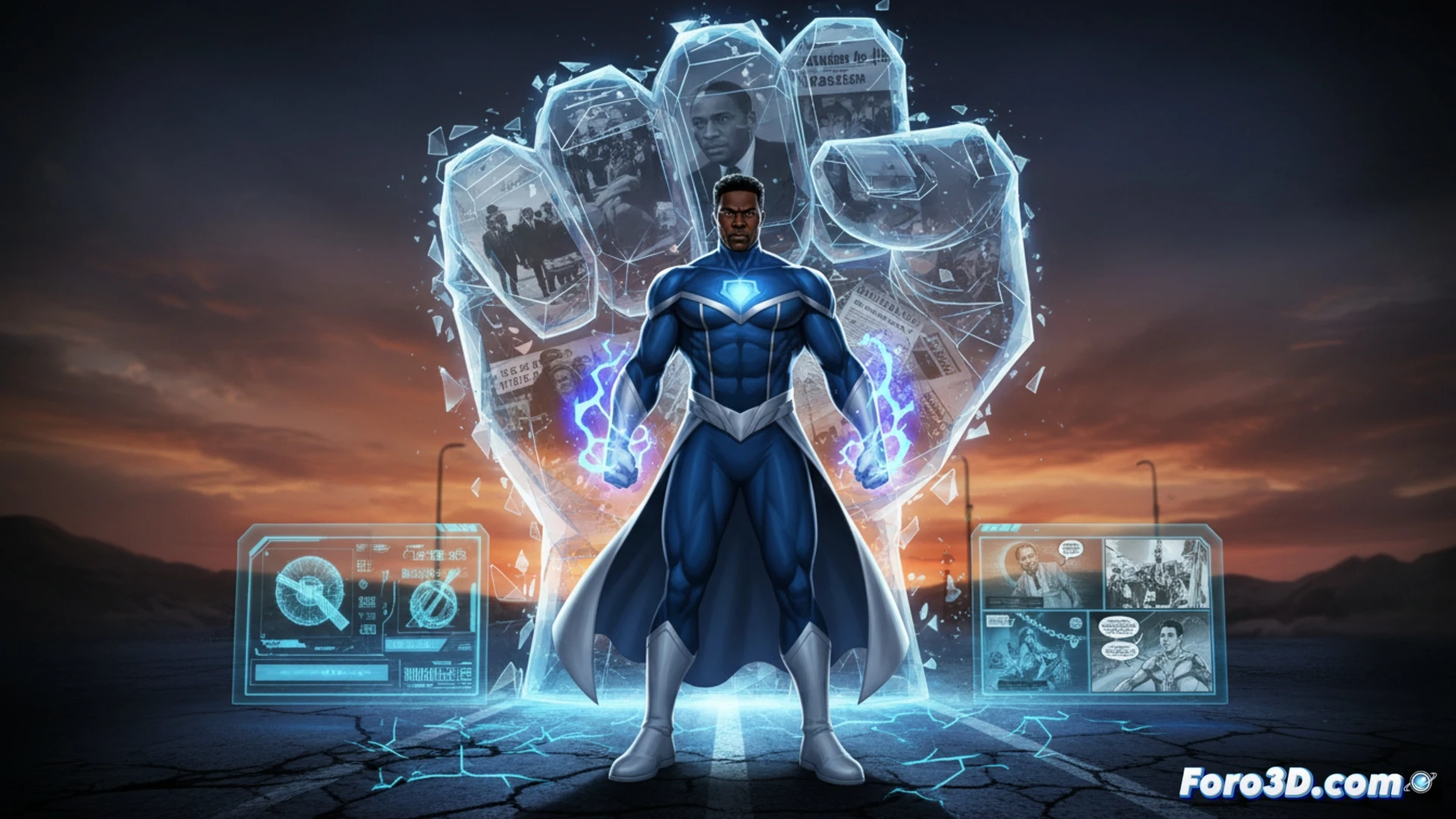 Blue Marvel personaje 3D afroamericano anti-materia arte activismo racial cómic denuncia histórica