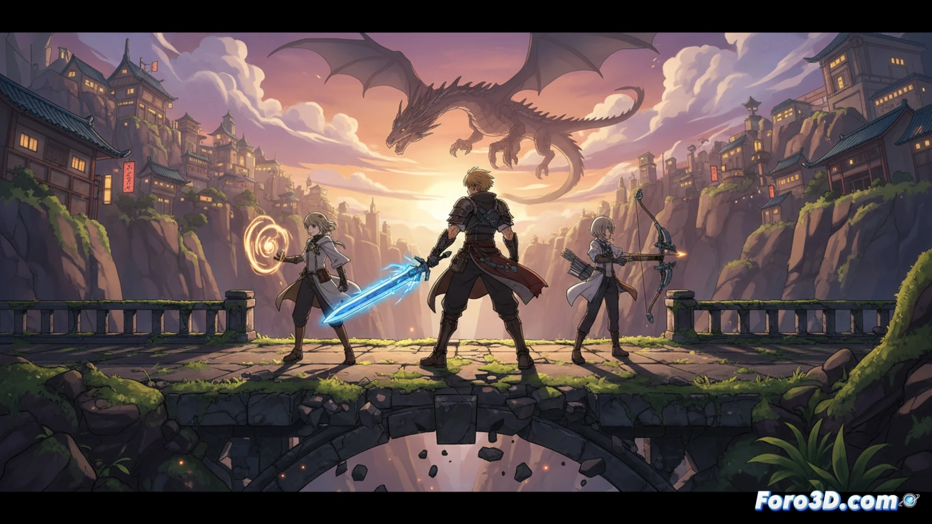 Captura de Blue Protocol mostrando personajes anime en escenario 3D con iluminación difusa y contornos de carbono.