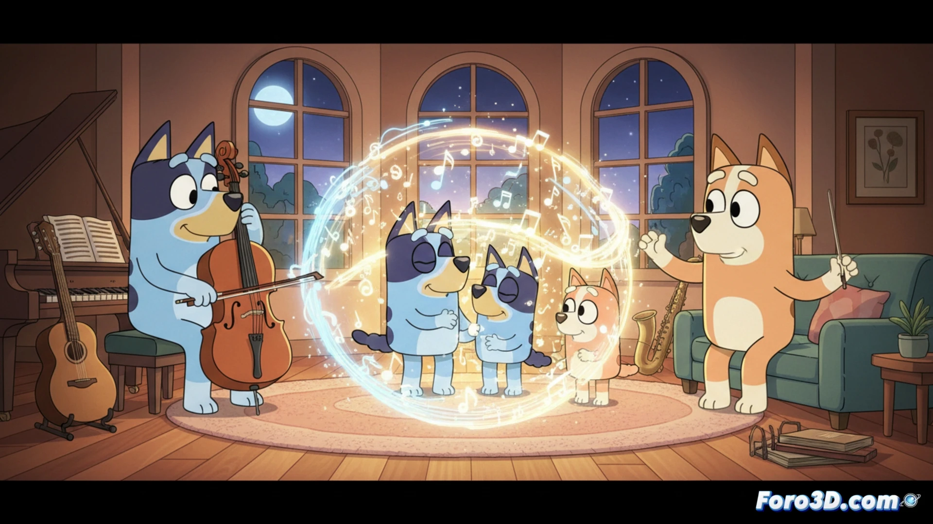 Una madre y su hijo sonríen en el sofá viendo Bluey, con ondas sonoras azules y notas musicales flotando, simbolizando el abrazo emocional del audio.