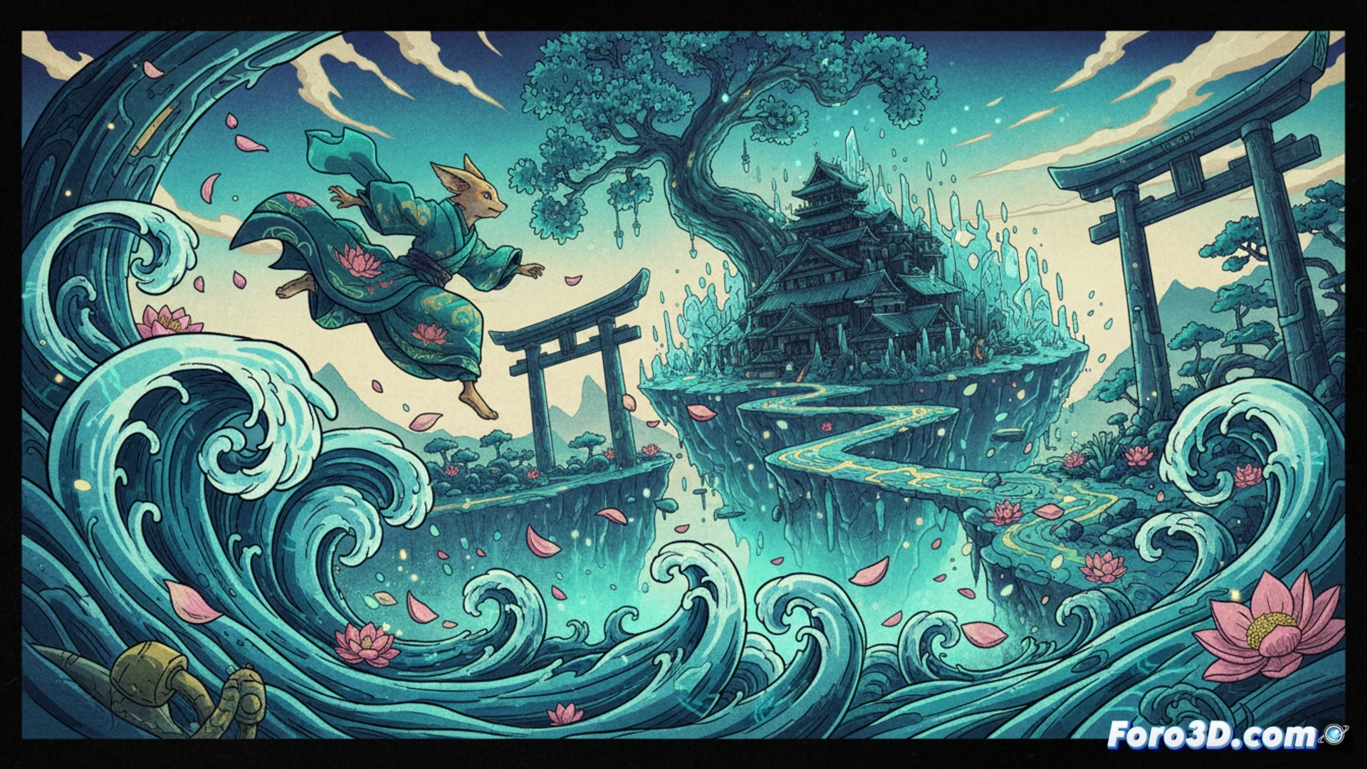 Bo Path of the Teal Lotus arte Ukiyo-e 2.5D metroidvania en Unity con personaje principal saltando