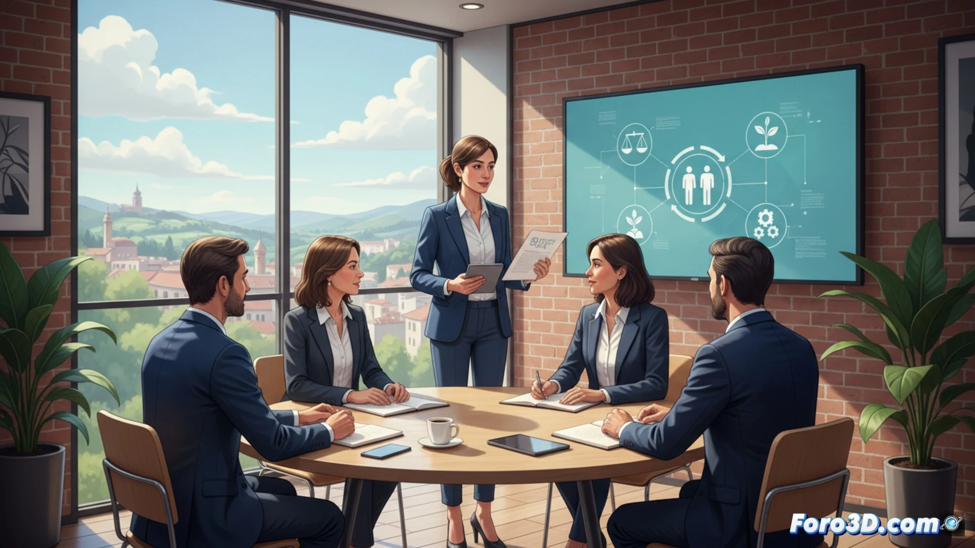 Modern office scene with a businesswoman and businessman reviewing a gender equality plan on a tablet, legal documents and a laptop on the desk, a professional advisor pointing at a workflow diagram on a whiteboard showing steps for equal pay and harassment prevention, soft natural daylight from large windows, photorealistic corporate photography style, warm wood and glass interior, diverse team collaborating, focused expressions, clean organized workspace, subtle equality symbols on screen, high detail textures on clothing and furniture