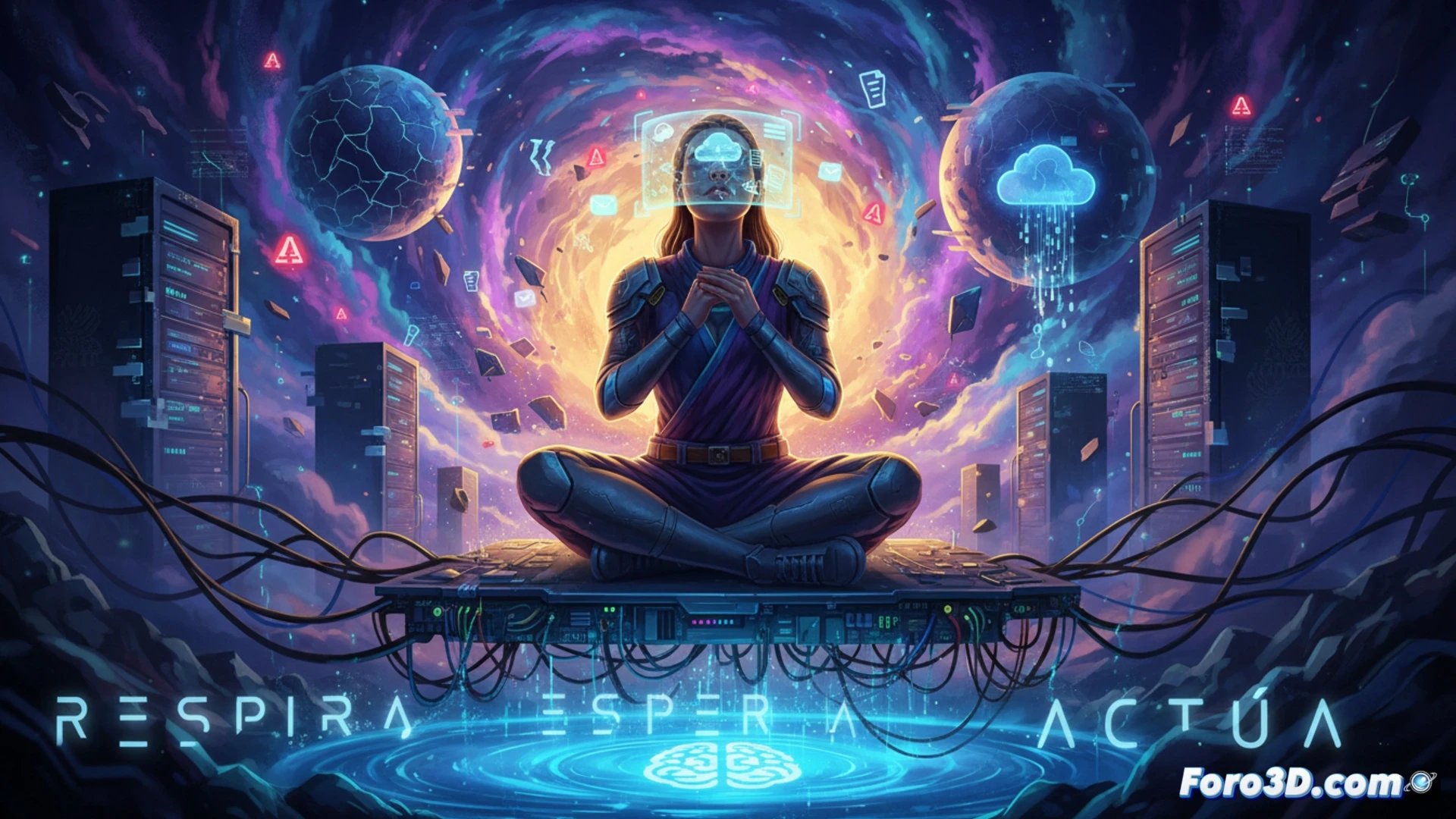 Una persona frente a una pantalla congelada, manos en la cabeza, fondo de nubes digitales rotas. Bochorno técnico, calma y respiración.