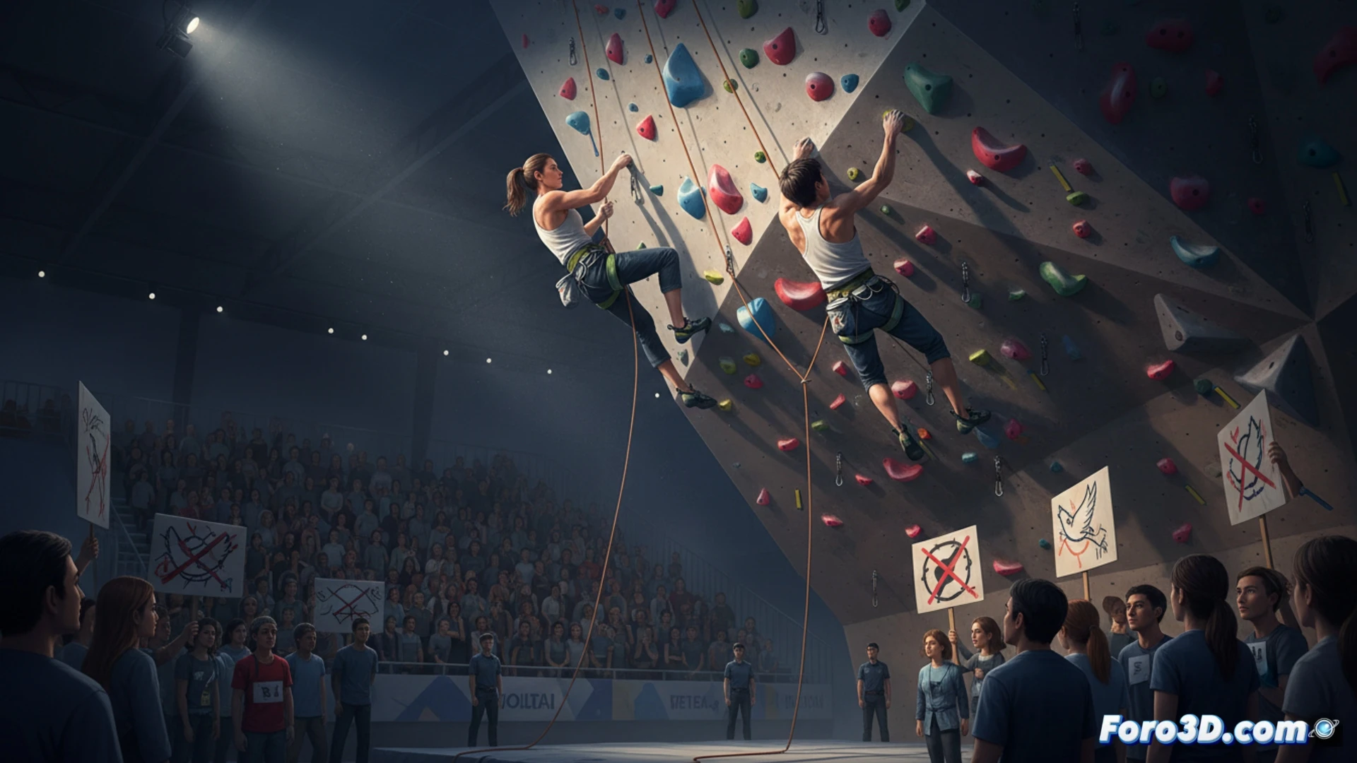 climbing wall with colorful holds, athlete in dynamic pose gripping a sharp overhang, tension in forearm muscles visible, climbing shoes pressing against textured surface, safety rope taut, distant crowd watching, dramatic spotlight from above casting long shadows, photorealistic sports photography style, high contrast lighting, gritty texture on holds, chalk dust particles floating in air, intense focus on hand grip, technical climbing gear detail, cinematic depth of field, competitive atmosphere